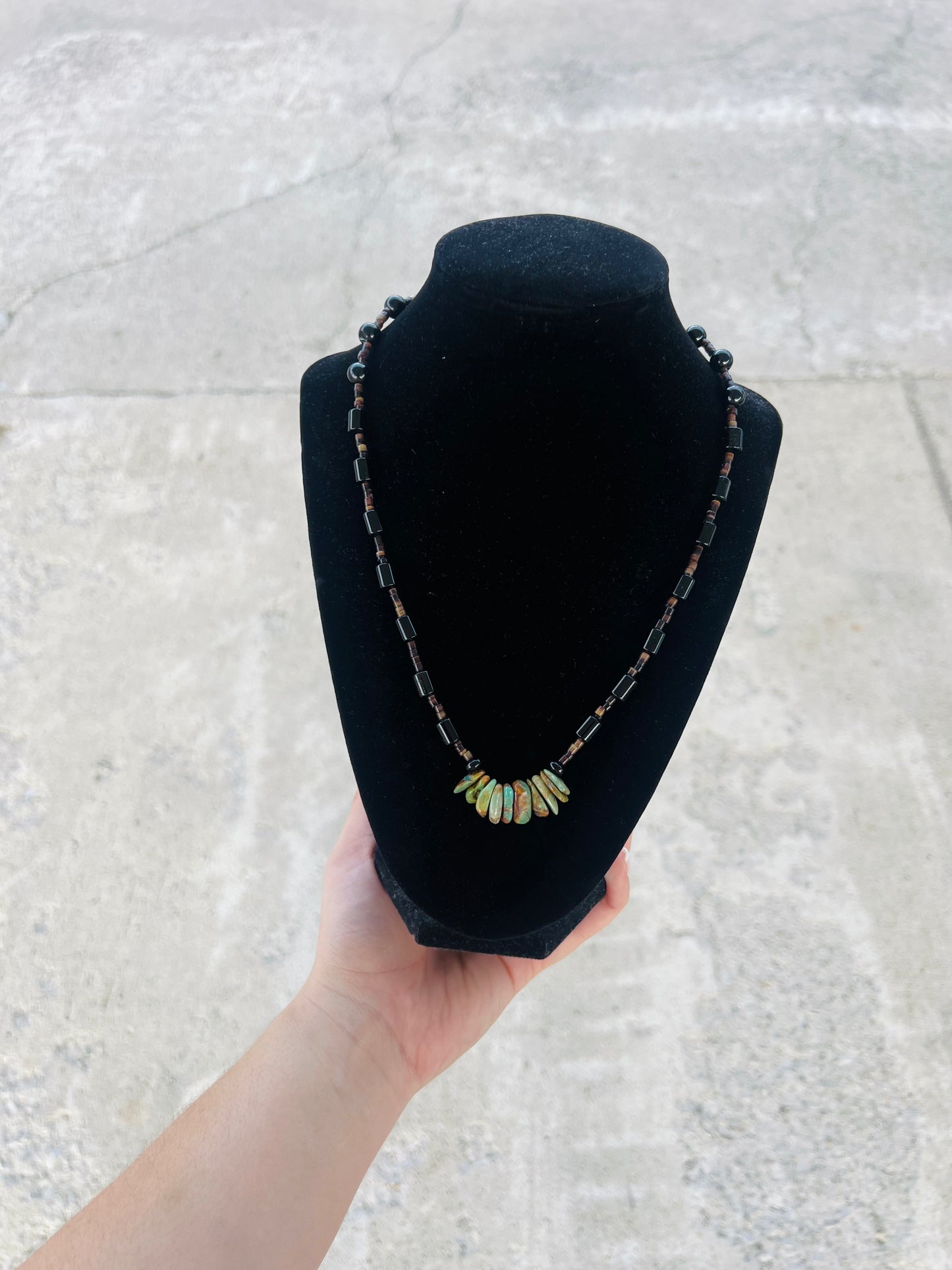 Genuine Green Kingman Turquoise, Black Onyx, Heishi Necklace