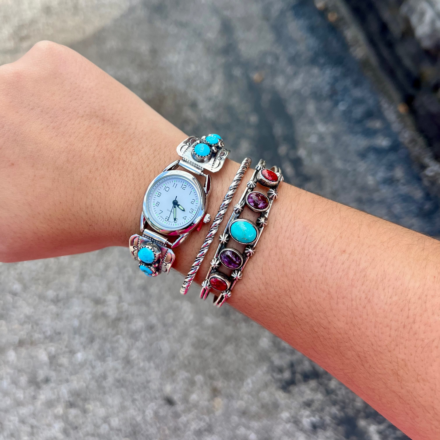 Turquoise, Purple and Red Spiny Oyster Sterling Silver Cuff Bracelet