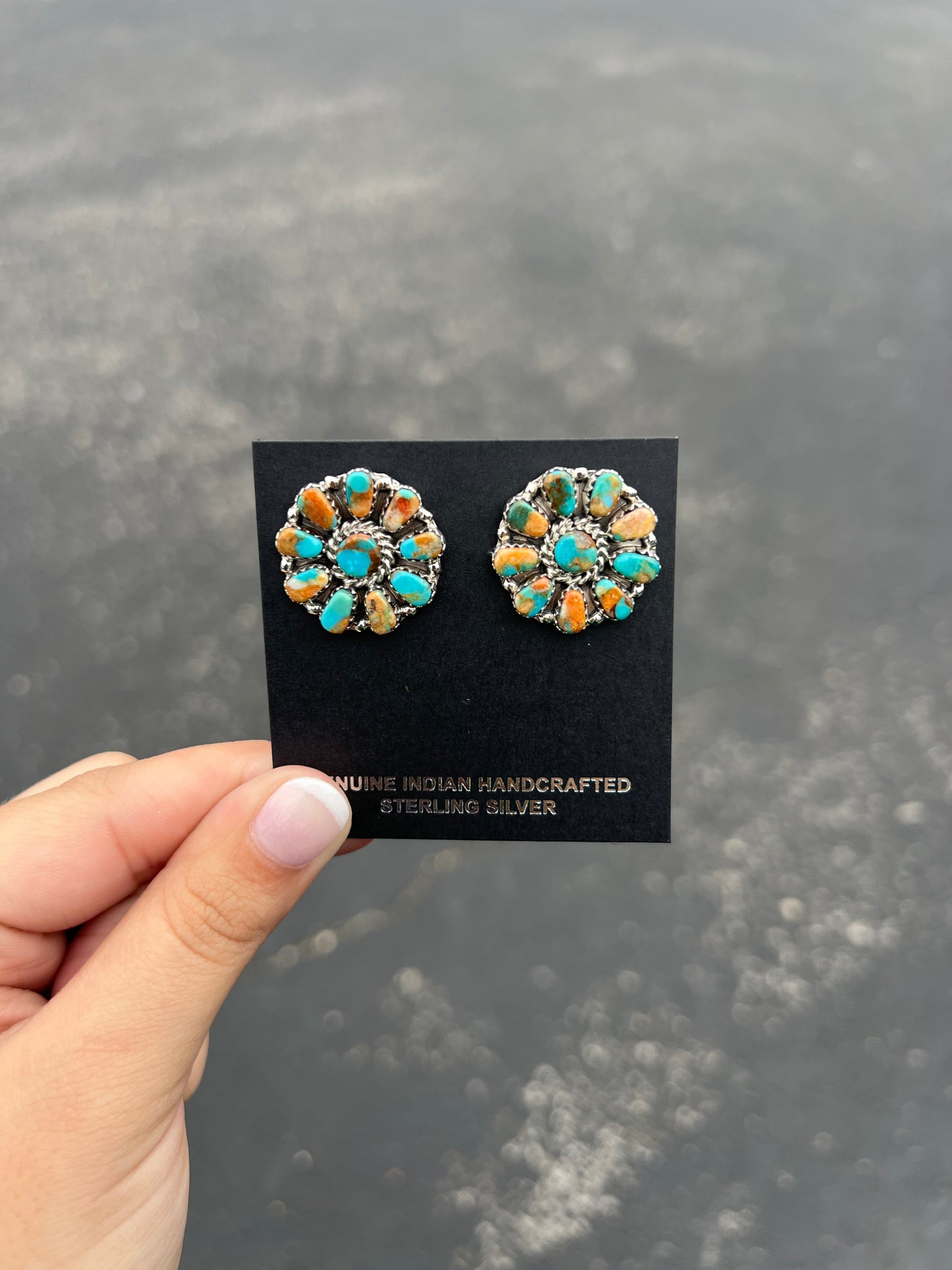 Genuine Turquoise and Spiny Oyster Cluster Earrings