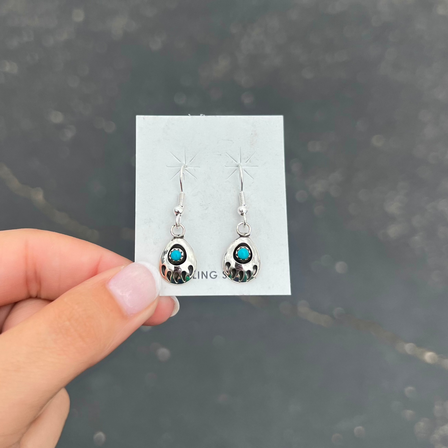 Genuine Turquoise Sterling Silver Bear Paw Dangle Earrings