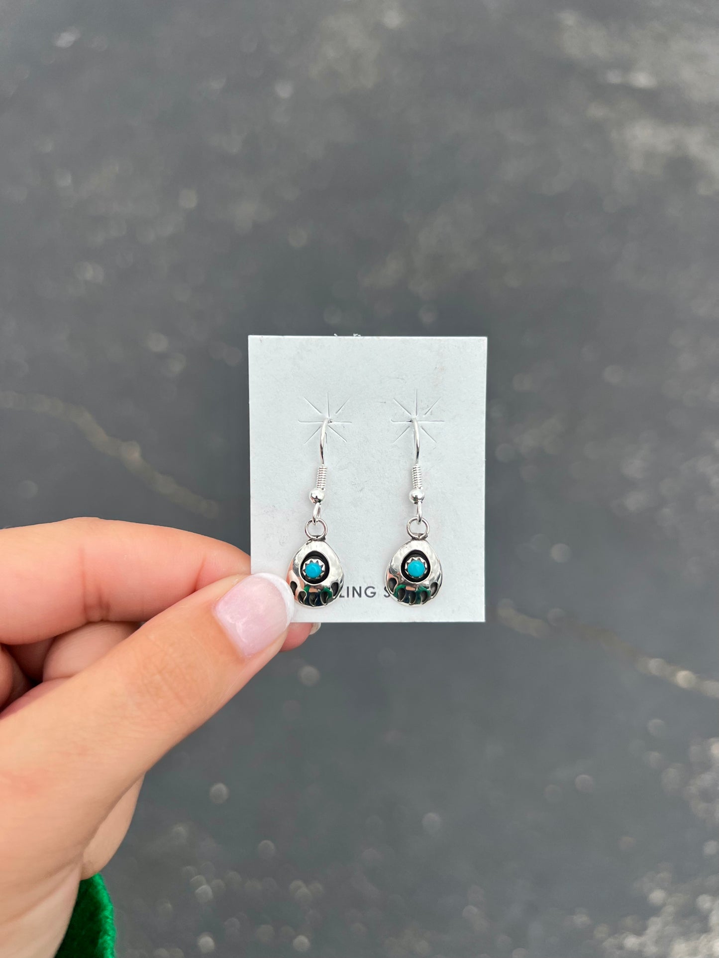Genuine Turquoise Sterling Silver Bear Paw Dangle Earrings