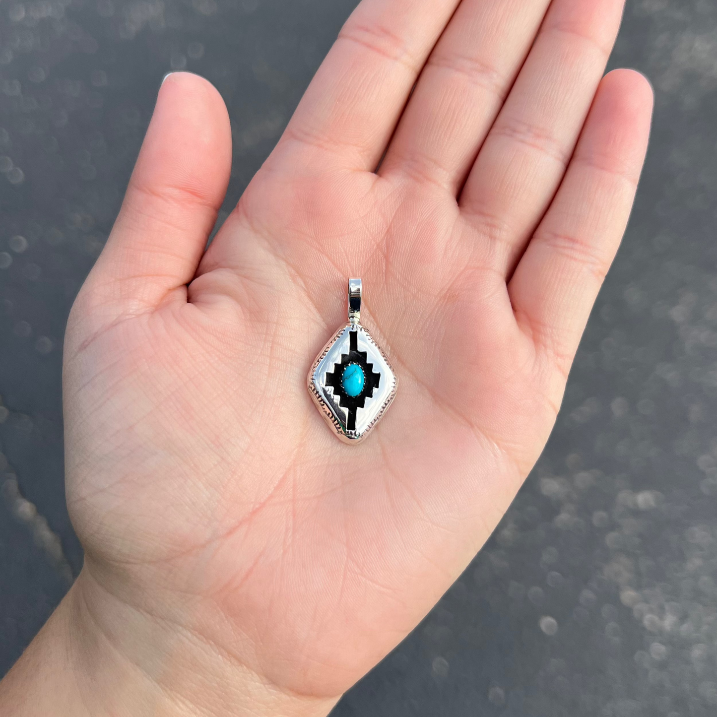 Authentic Turquoise Aztec Shadowbox Sterling Silver Diamond Pendant