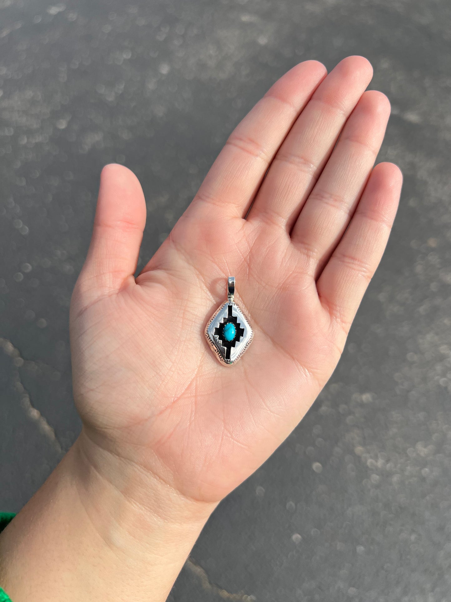 Authentic Turquoise Aztec Shadowbox Sterling Silver Diamond Pendant