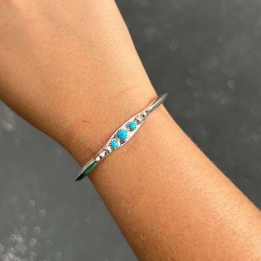 Genuine Natural Turquoise 3 Stone Sterling Silver Cuff Bracelet