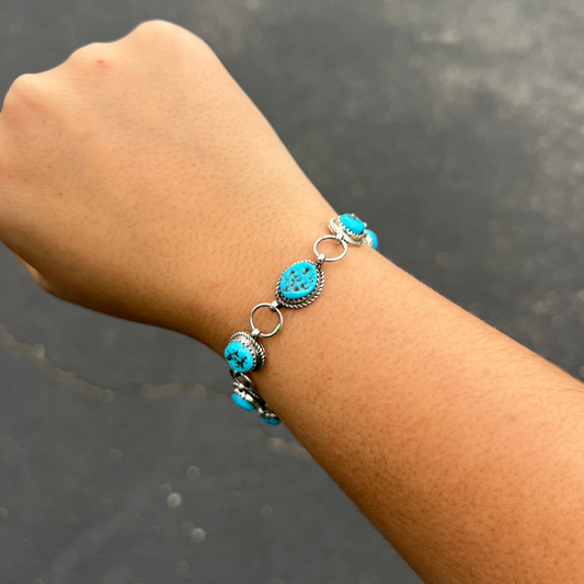 Authentic Kingman Turquoise 7 Stone Sterling Silver Link Bracelet