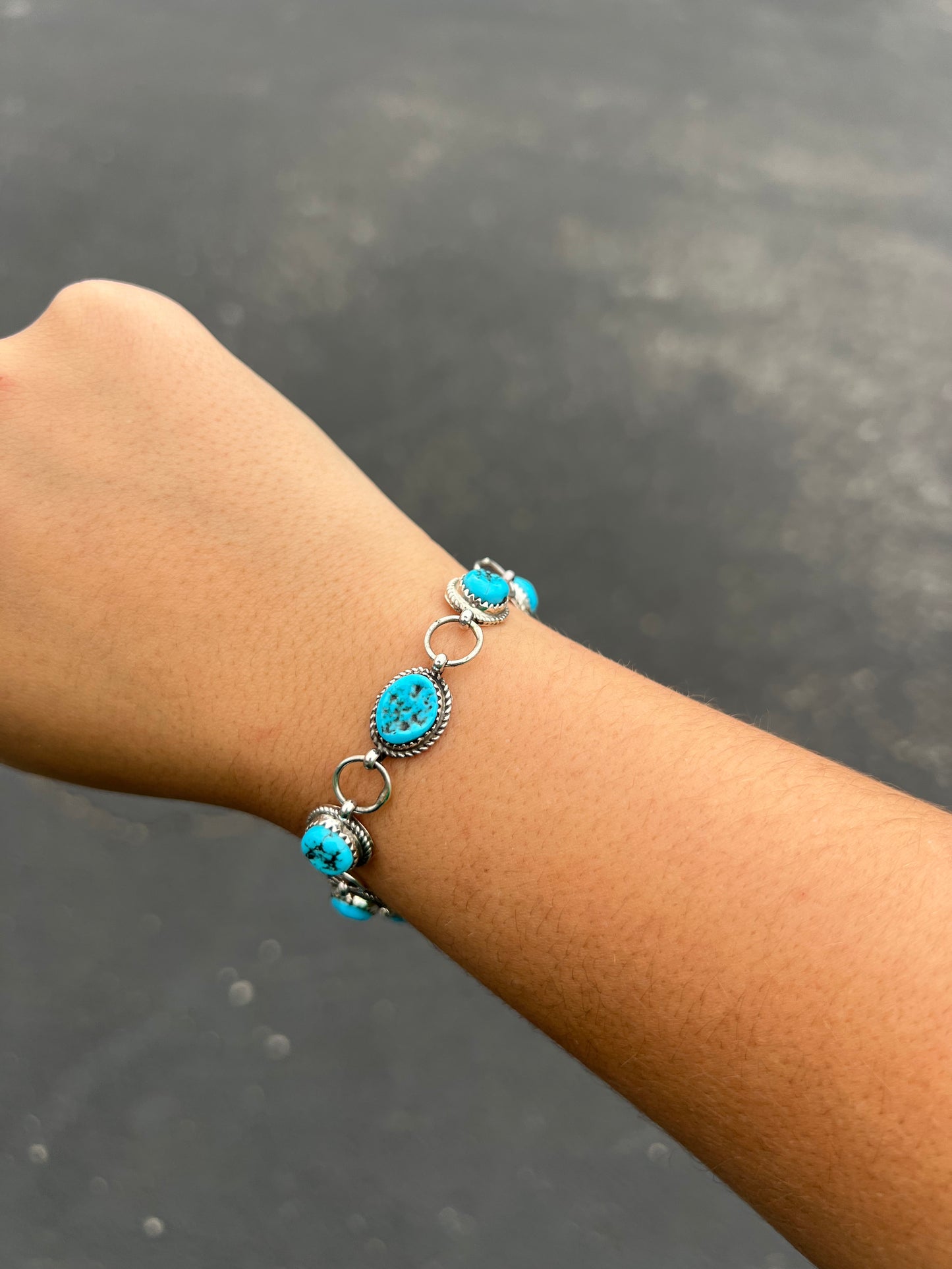 Authentic Kingman Turquoise 7 Stone Sterling Silver Link Bracelet