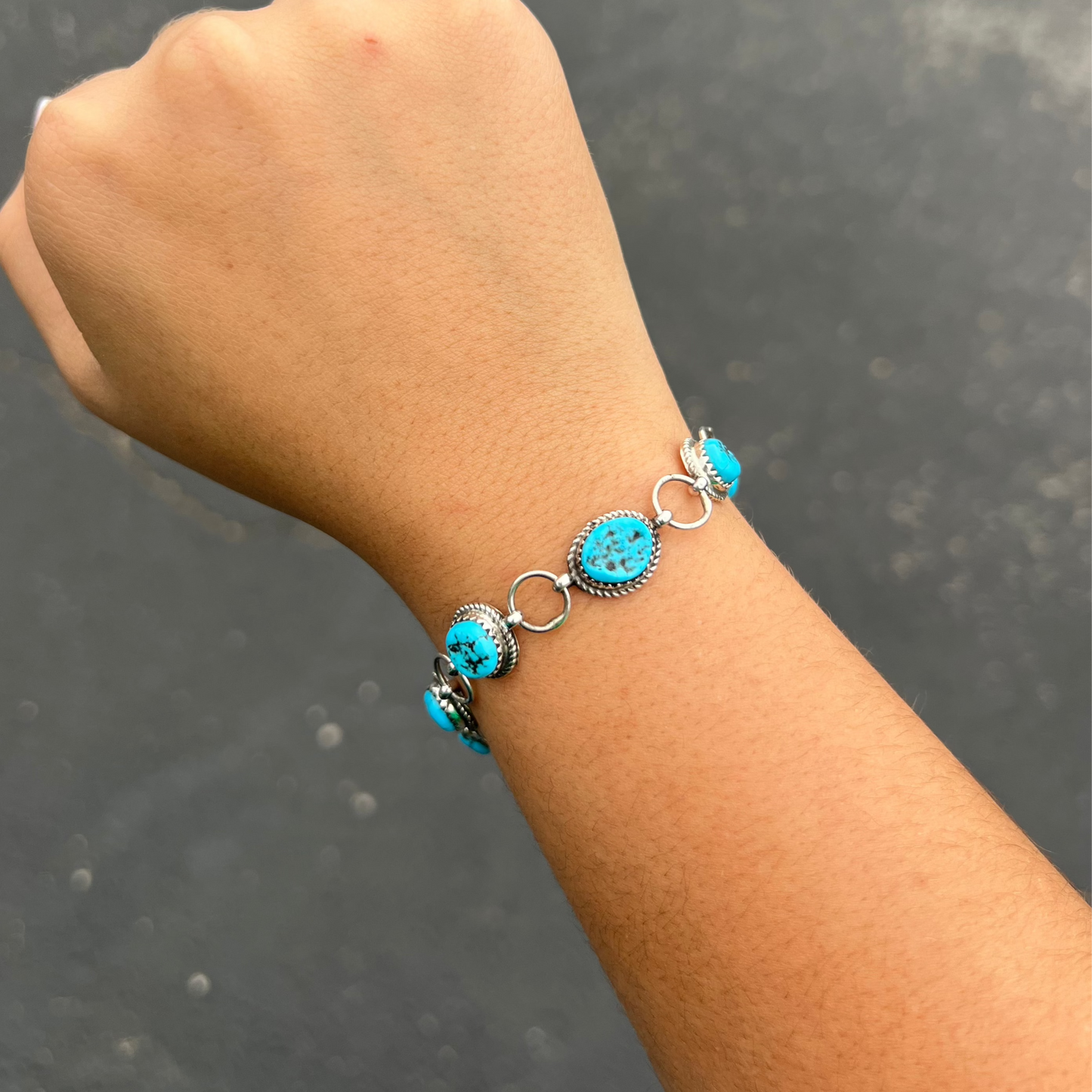 Authentic Kingman Turquoise 7 Stone Sterling Silver Link Bracelet