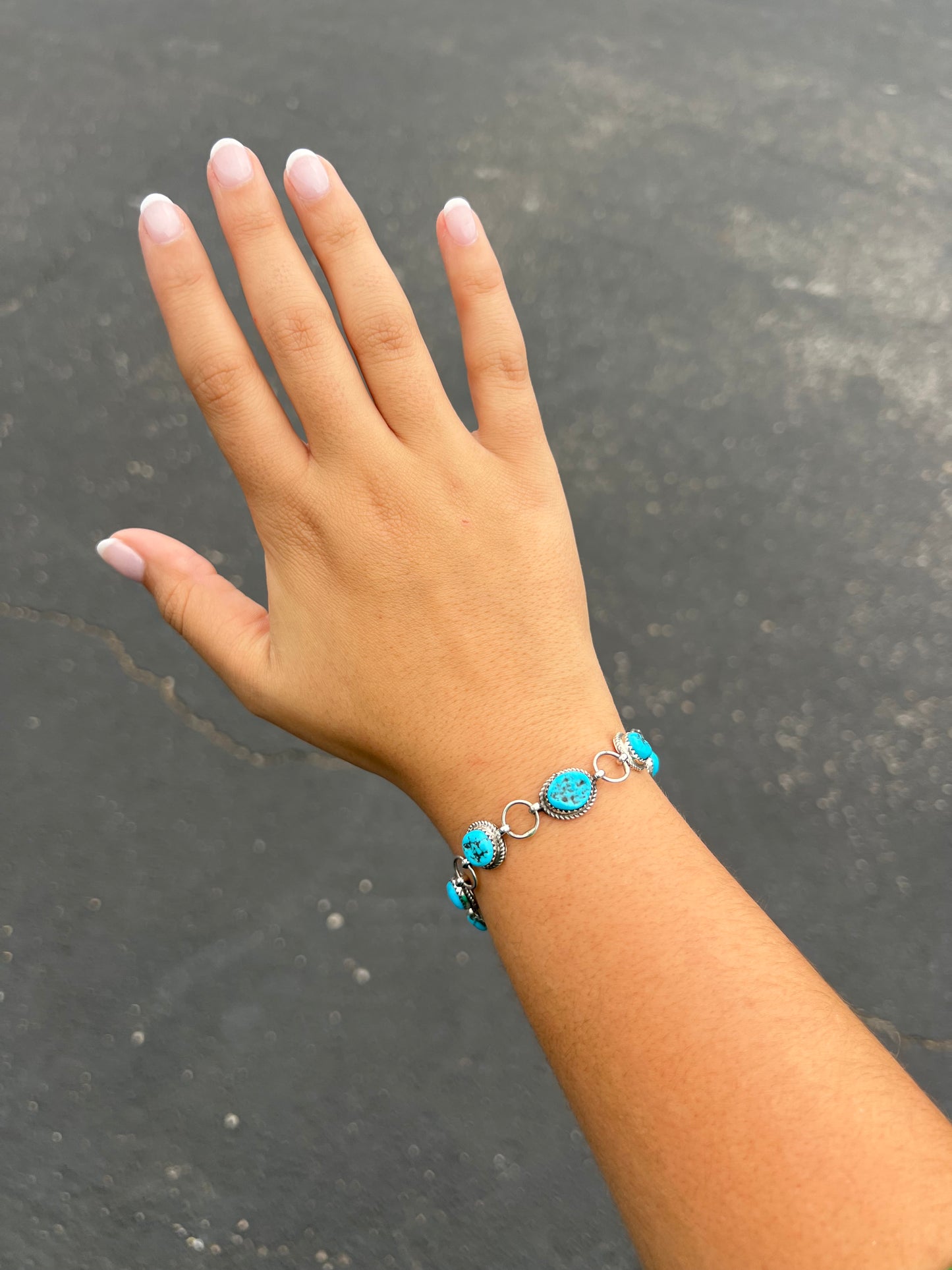 Authentic Kingman Turquoise 7 Stone Sterling Silver Link Bracelet