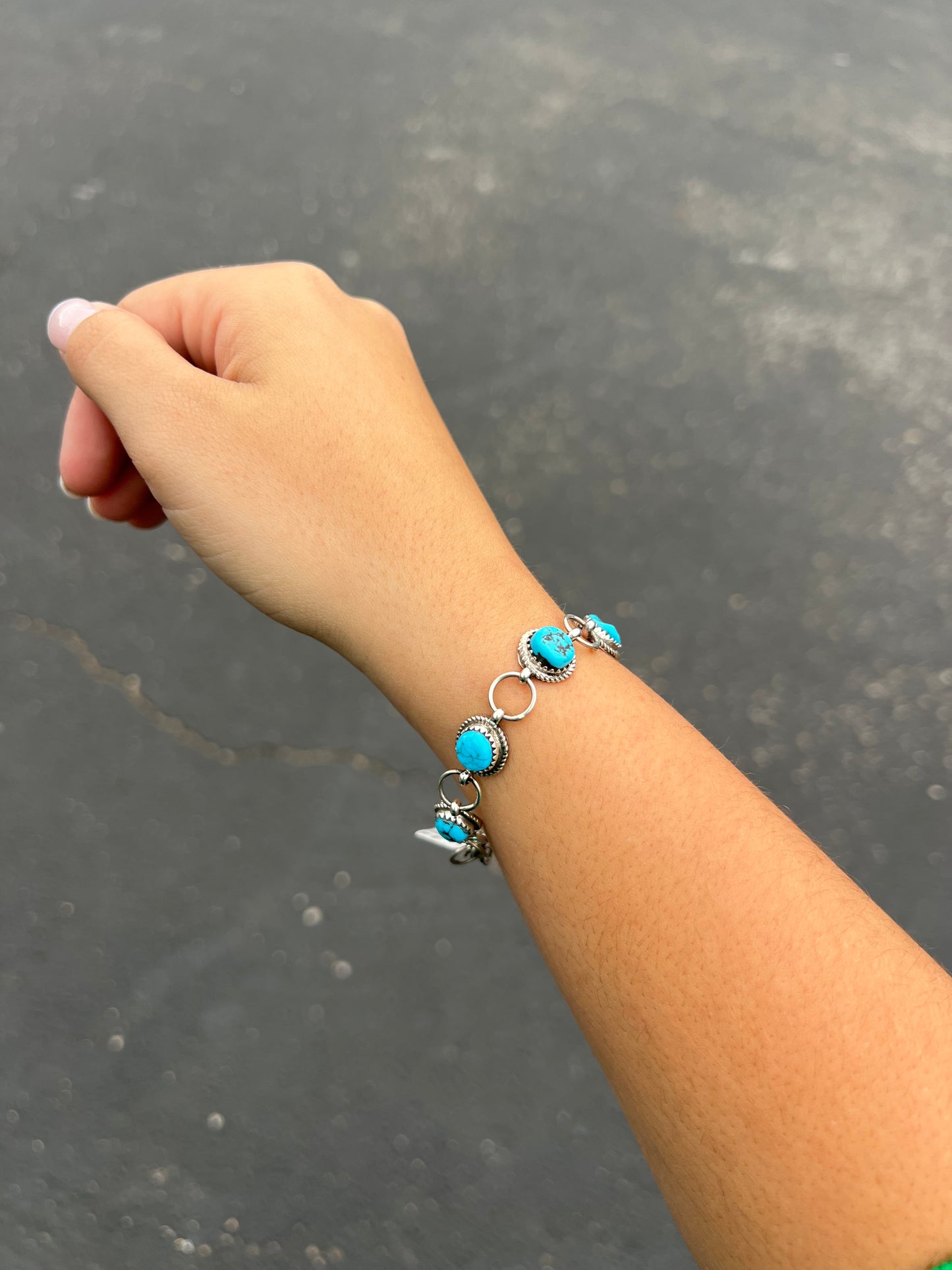 Authentic Kingman Turquoise 7 Stone Sterling Silver Link Bracelet