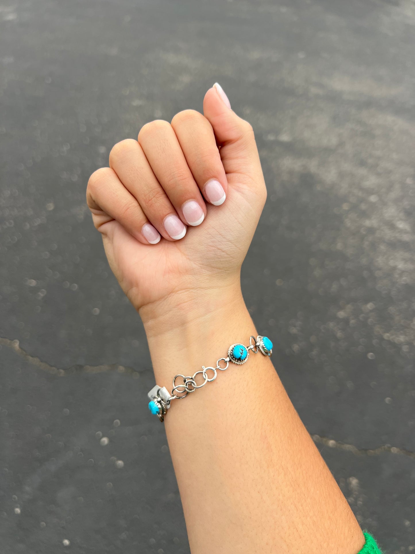 Authentic Kingman Turquoise 7 Stone Sterling Silver Link Bracelet