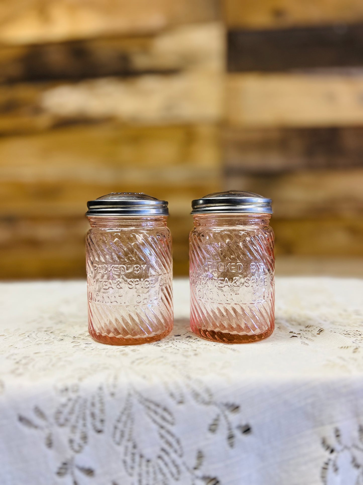Vintage Pink Glass Jumbo Peanut Butter Salt and Pepper Shakers