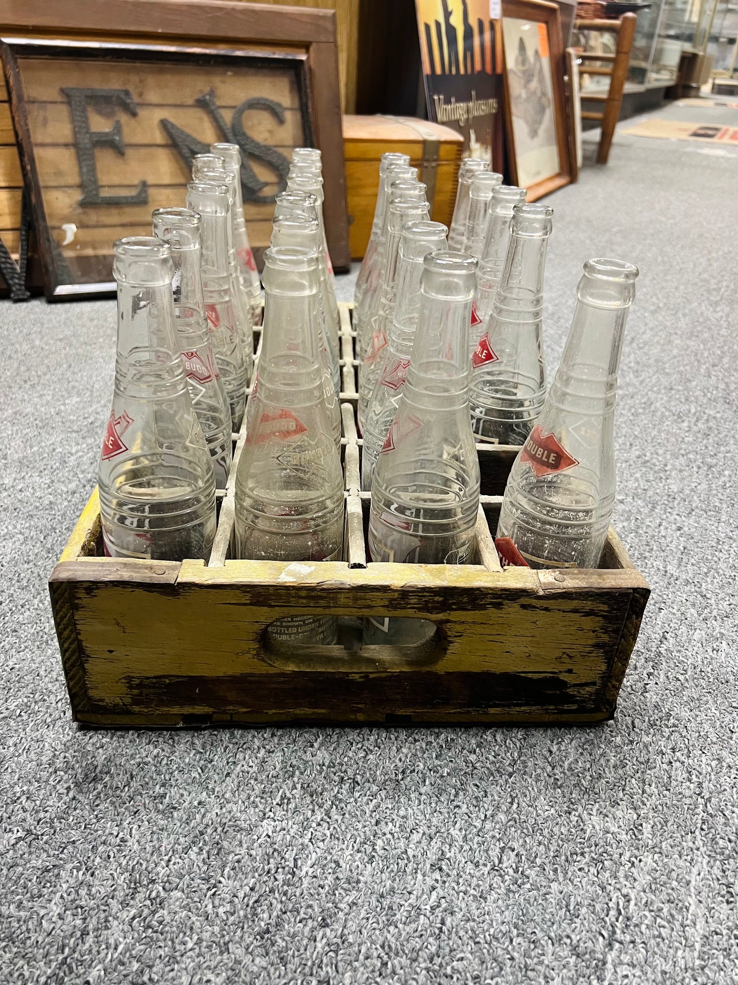 Vintage Double Measure Double Pleasure Double Cola Yellow Crate with 23 Bottles 1960's The Double Line Greensburg Ky and Hopkinsville KY