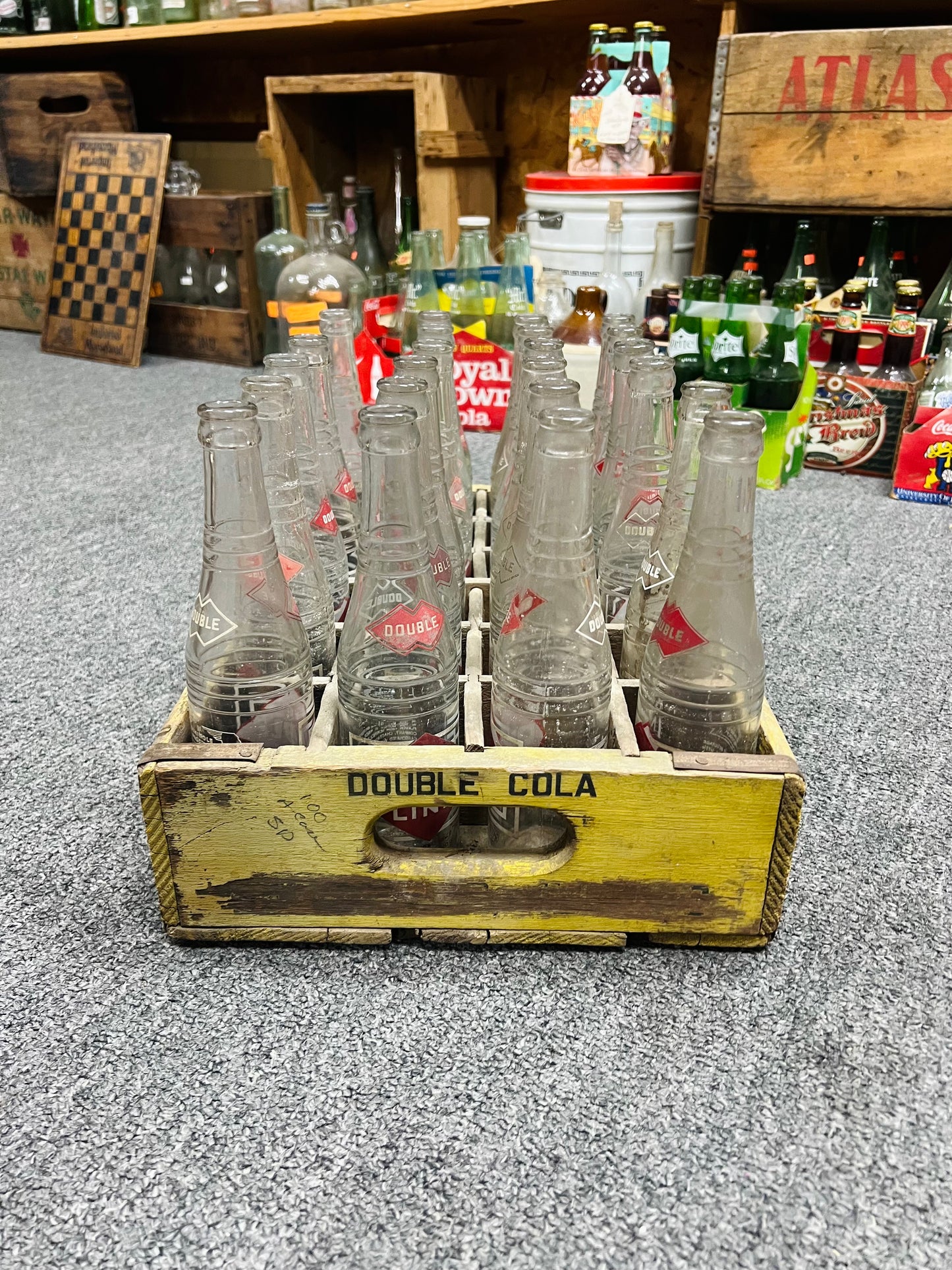 Vintage Double Measure Double Pleasure Double Cola Yellow Crate with 23 Bottles 1960's The Double Line Greensburg Ky and Hopkinsville KY