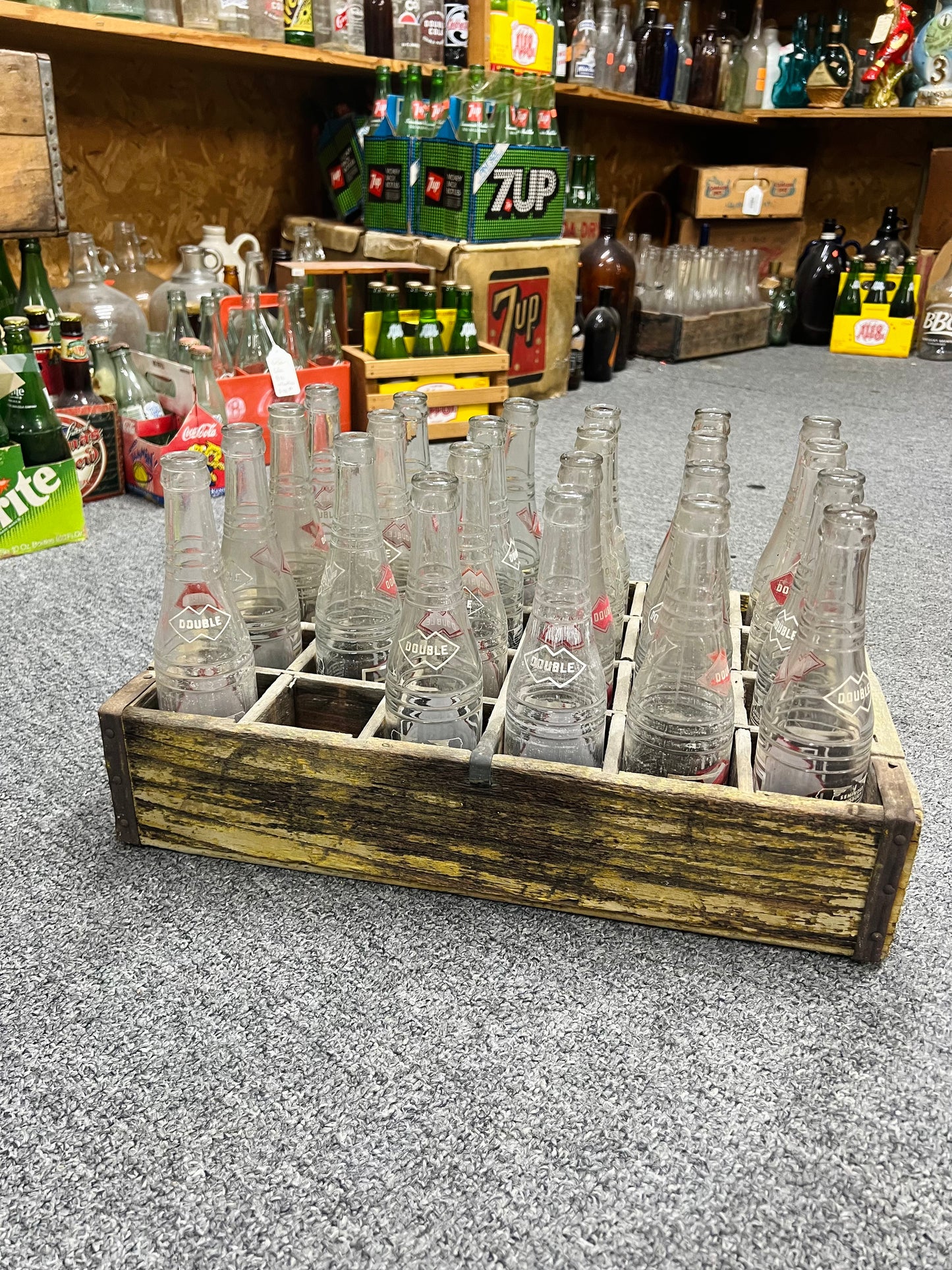 Vintage Double Measure Double Pleasure Double Cola Yellow Crate with 23 Bottles 1960's The Double Line Greensburg Ky and Hopkinsville KY