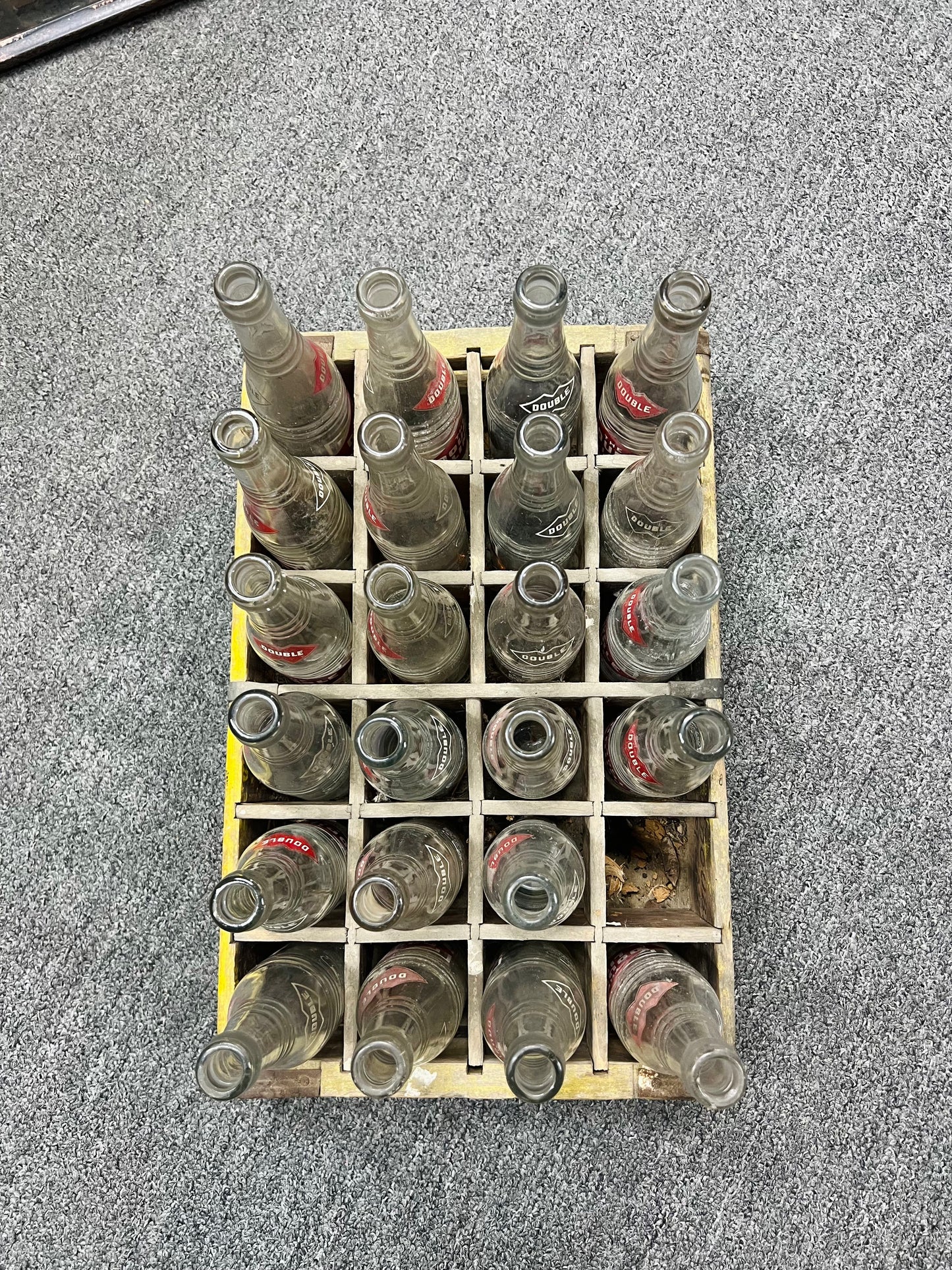 Vintage Double Measure Double Pleasure Double Cola Yellow Crate with 23 Bottles 1960's The Double Line Greensburg Ky and Hopkinsville KY