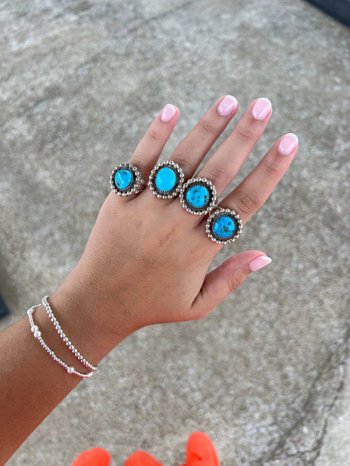 Genuine Kingman Turquoise Beaded Border Sterling Silver Ring