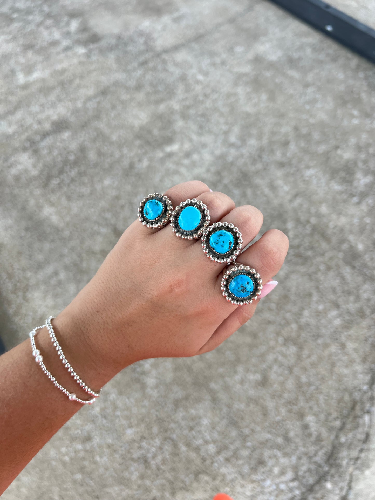 Genuine Kingman Turquoise Beaded Border Sterling Silver Ring