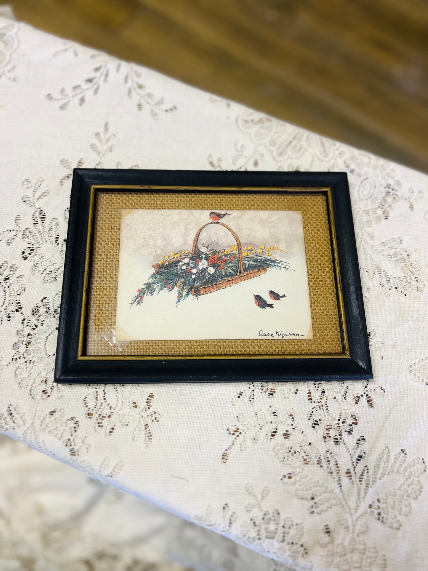 Vintage Framed Flowers, Basket, and Birds Print