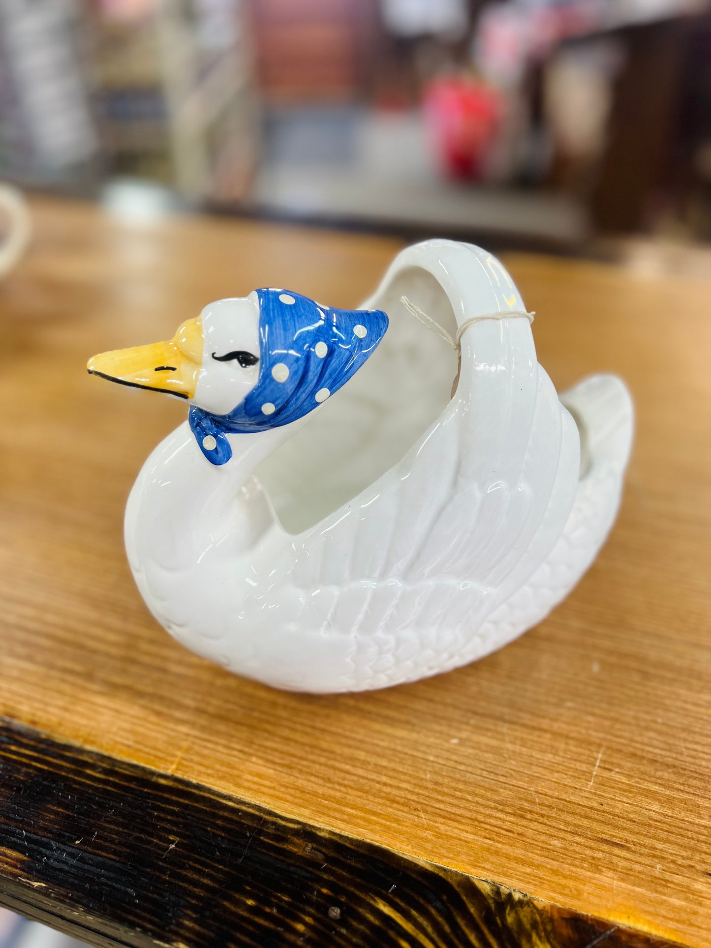 Vintage Ceramic Swan Blue Bonnet Basket Planter