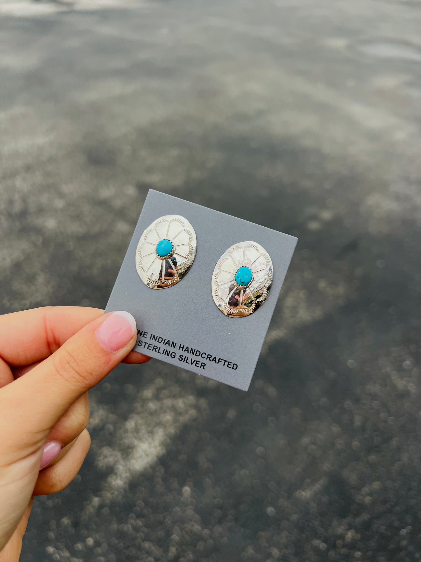 Genuine Turquoise Sterling Silver Oval Concho Earrings