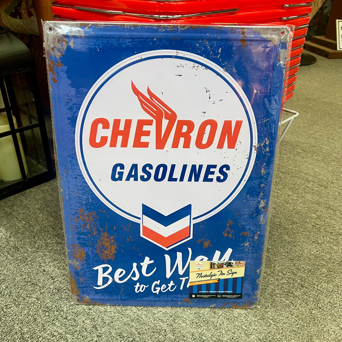 Blue Chevron Gasolines Best Way to Get There Metal Sign