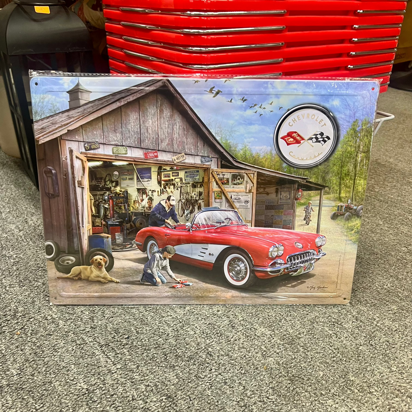 1959 Chevy Corvette & Garage Metal Sign