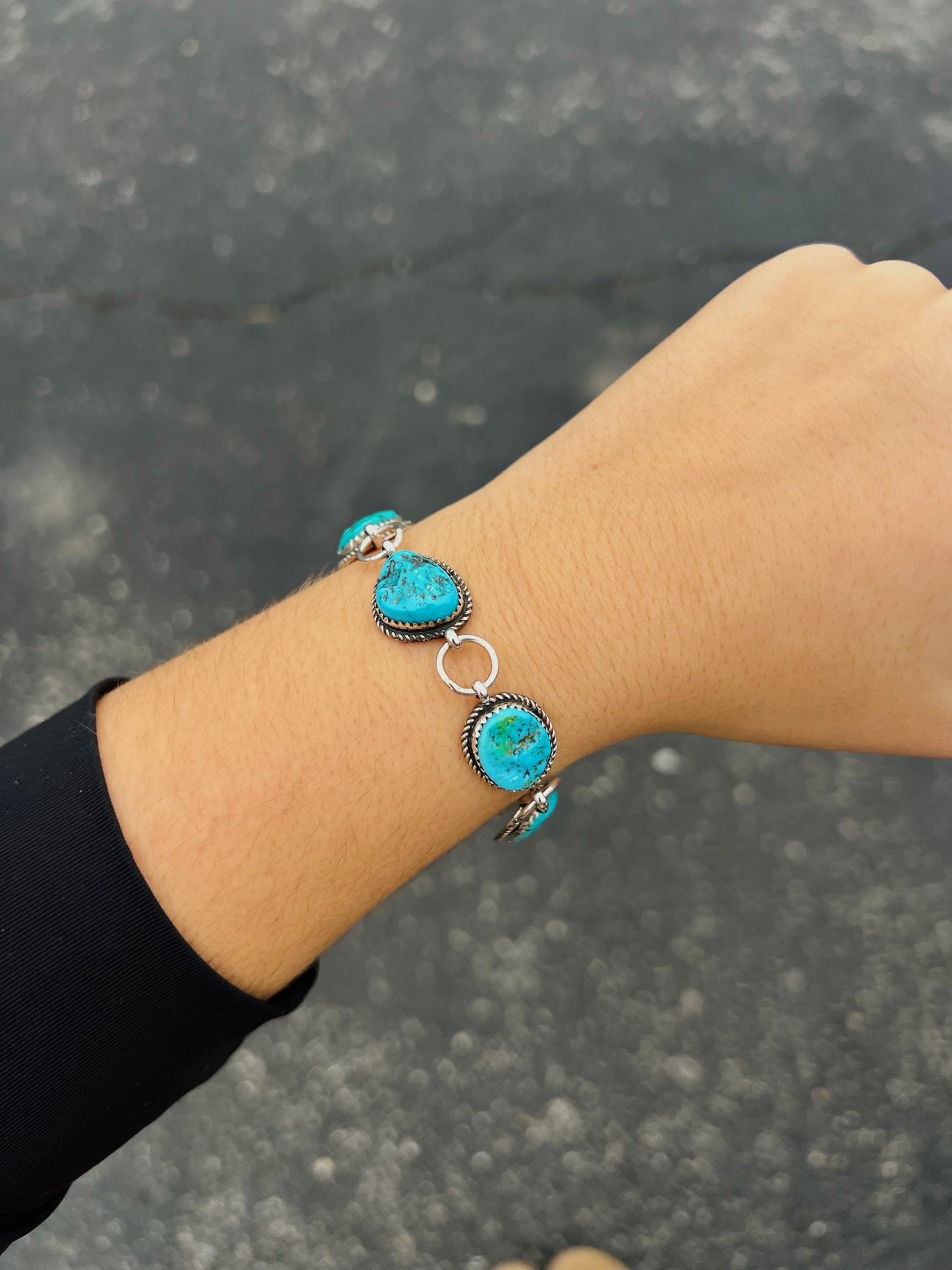 5 Stone Kingman Turquoise Sterling Silver Link Bracelet