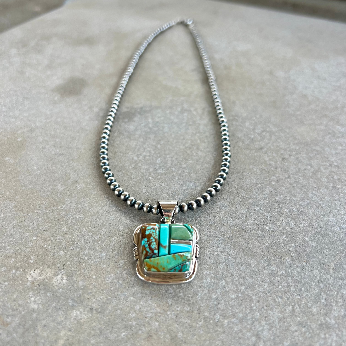 Genuine Turquoise Cobblestone Inlay Sterling Silver Pendant