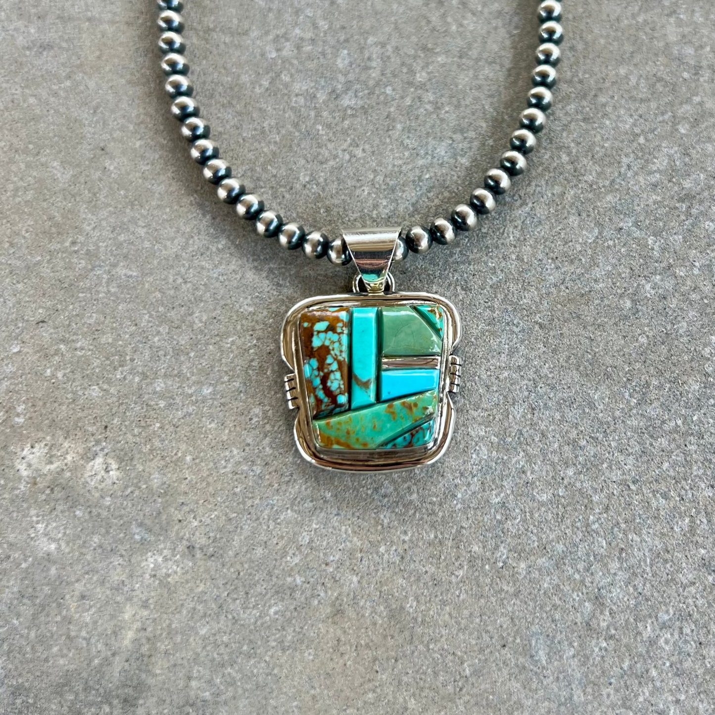 Genuine Turquoise Cobblestone Inlay Sterling Silver Pendant