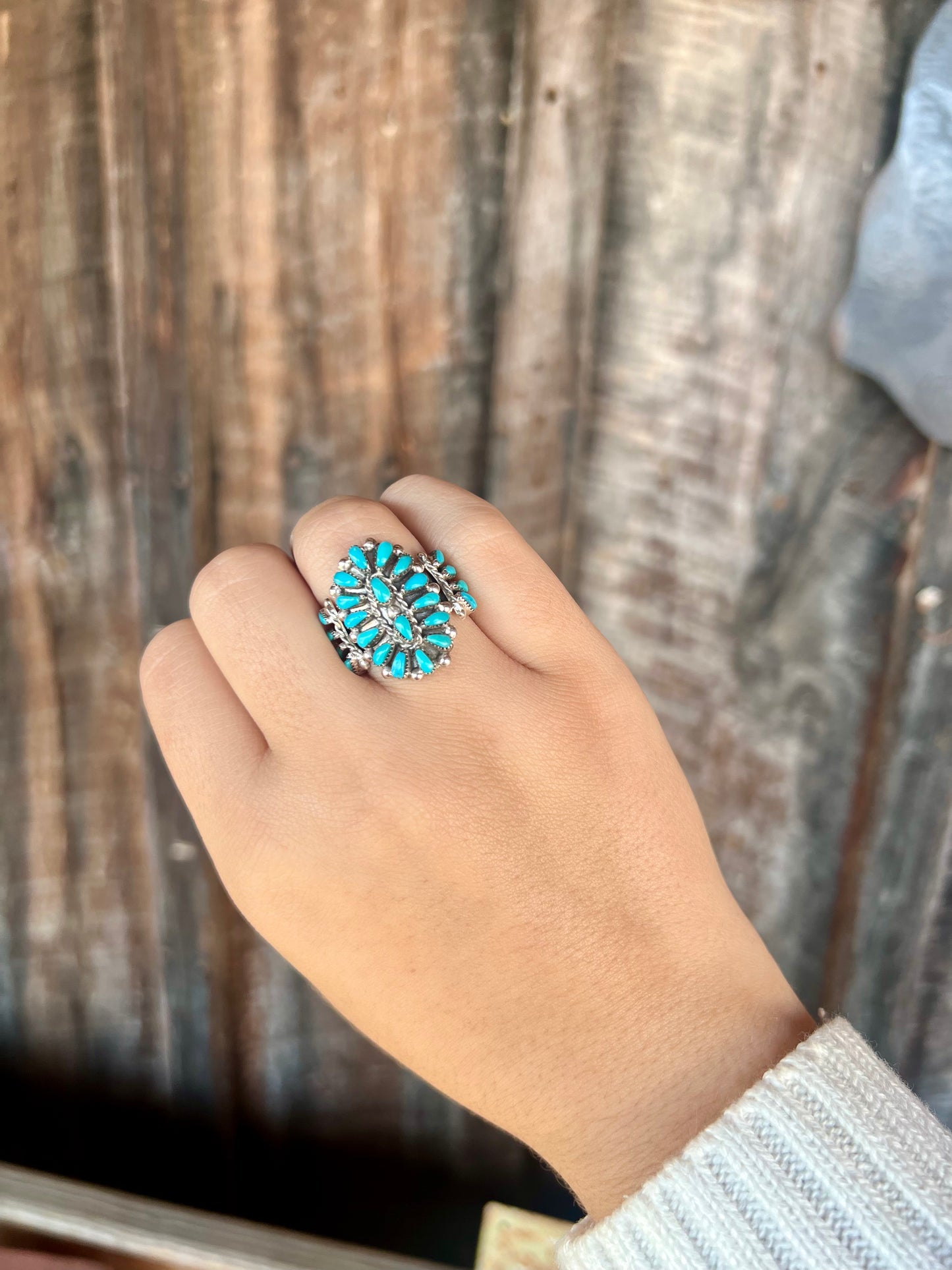 Genuine Turquoise Sterling Silver Zuni Handmade Petti Point Cluster Ring