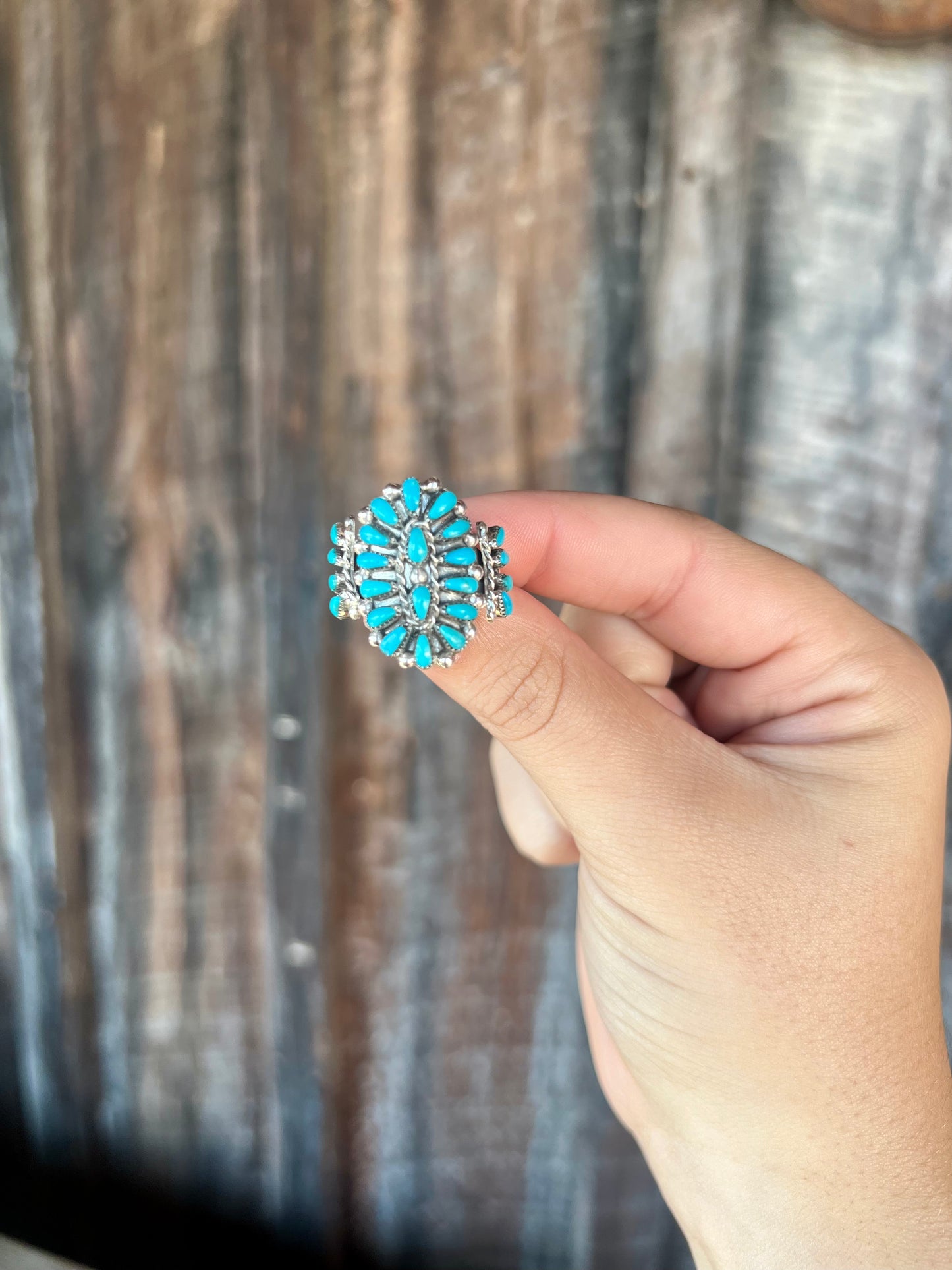 Genuine Turquoise Sterling Silver Zuni Handmade Petti Point Cluster Ring