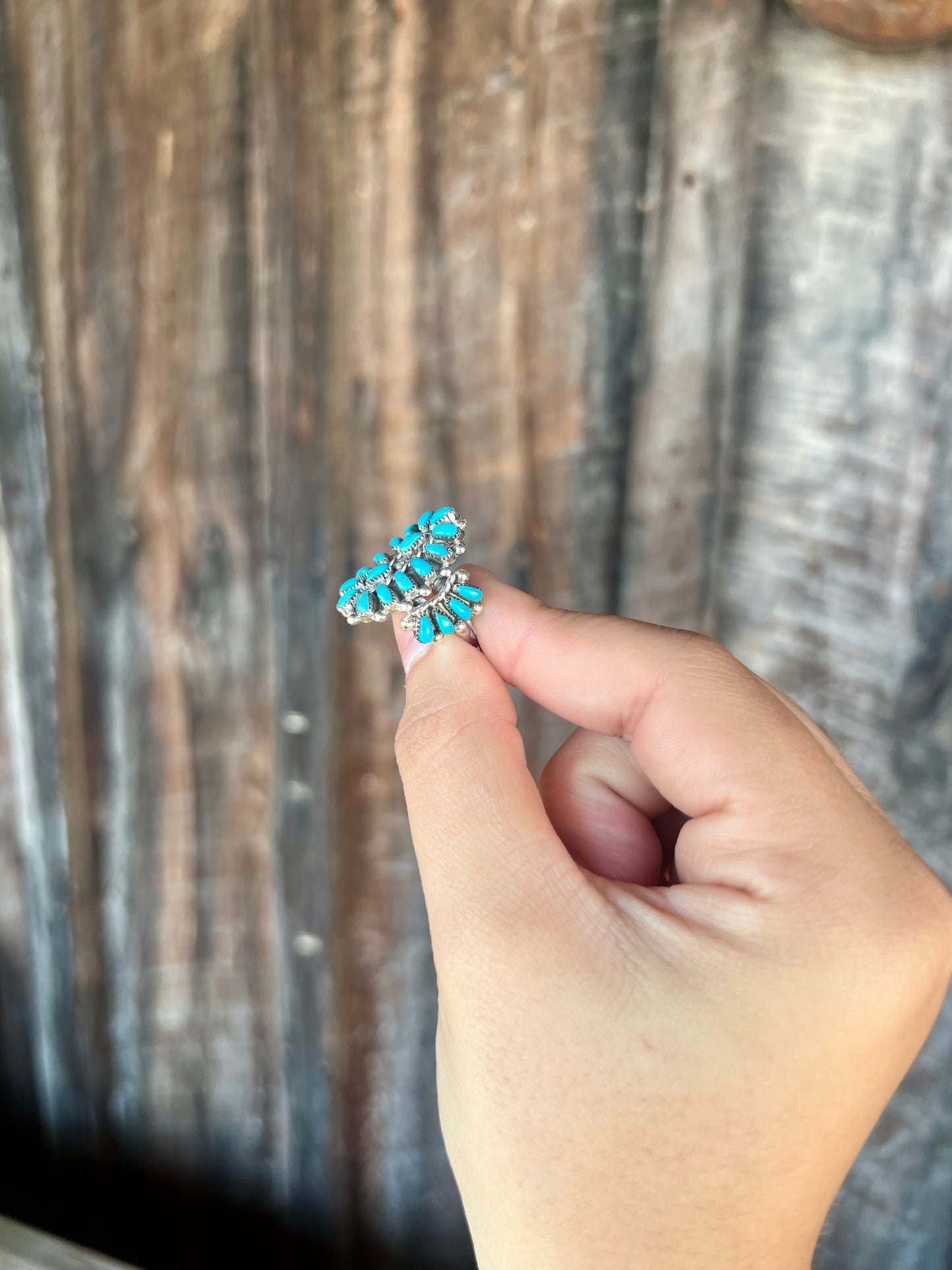 Genuine Turquoise Sterling Silver Zuni Handmade Petti Point Cluster Ring