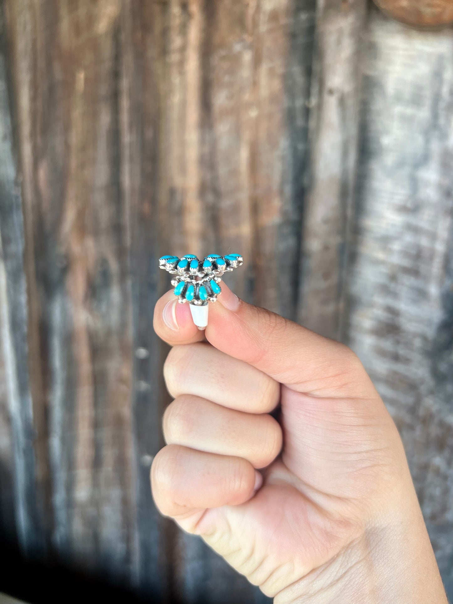 Genuine Turquoise Sterling Silver Zuni Handmade Petti Point Cluster Ring