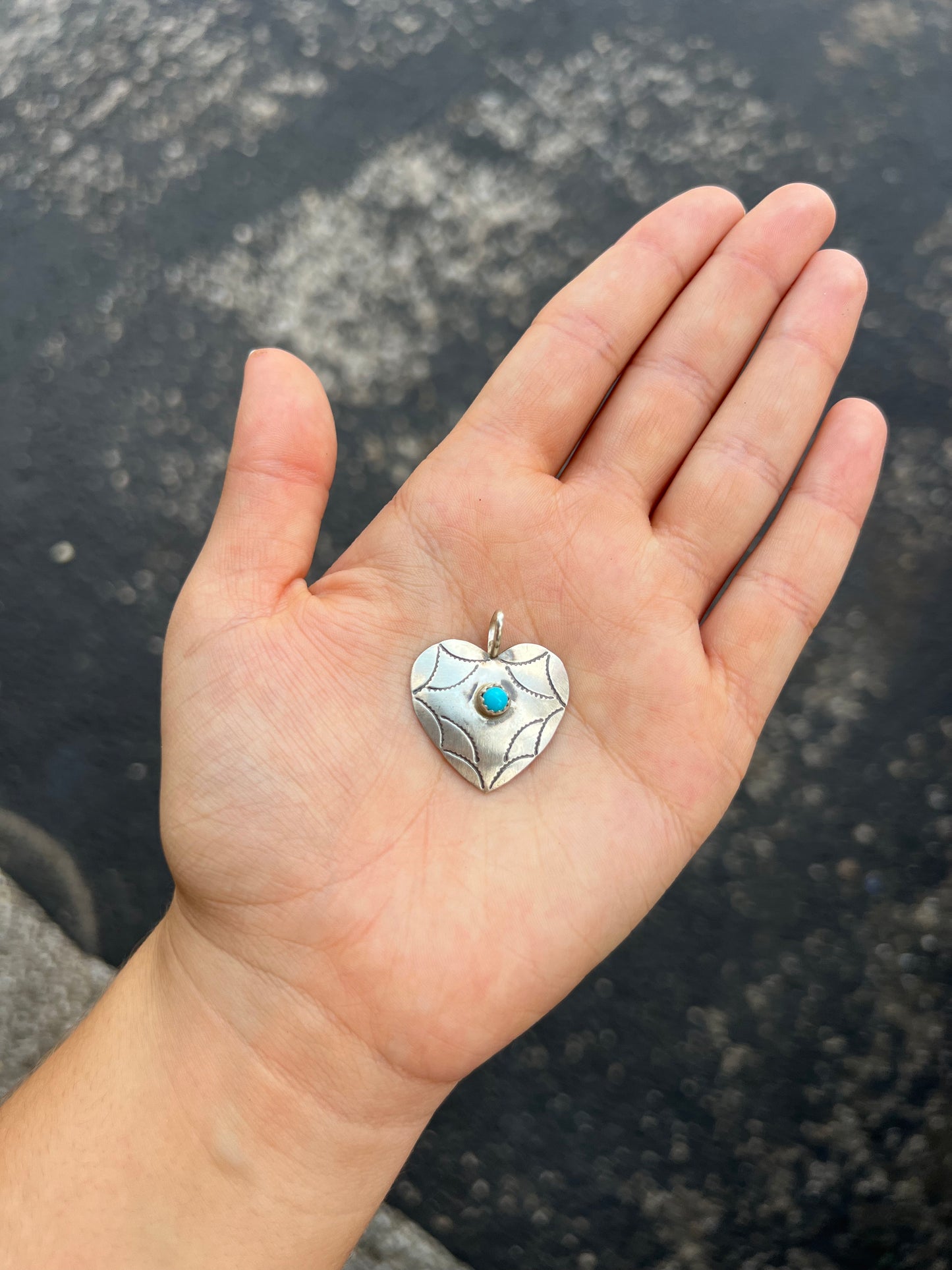 Sterling Silver Stamped Heart Genuine Turquoise Stone Pendant