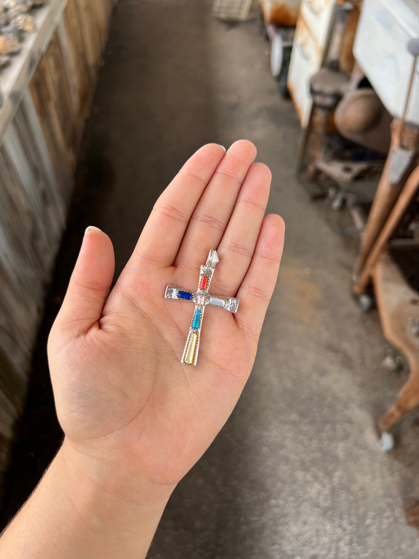 6 Multi Stone Sterling Silver Cross Pendant