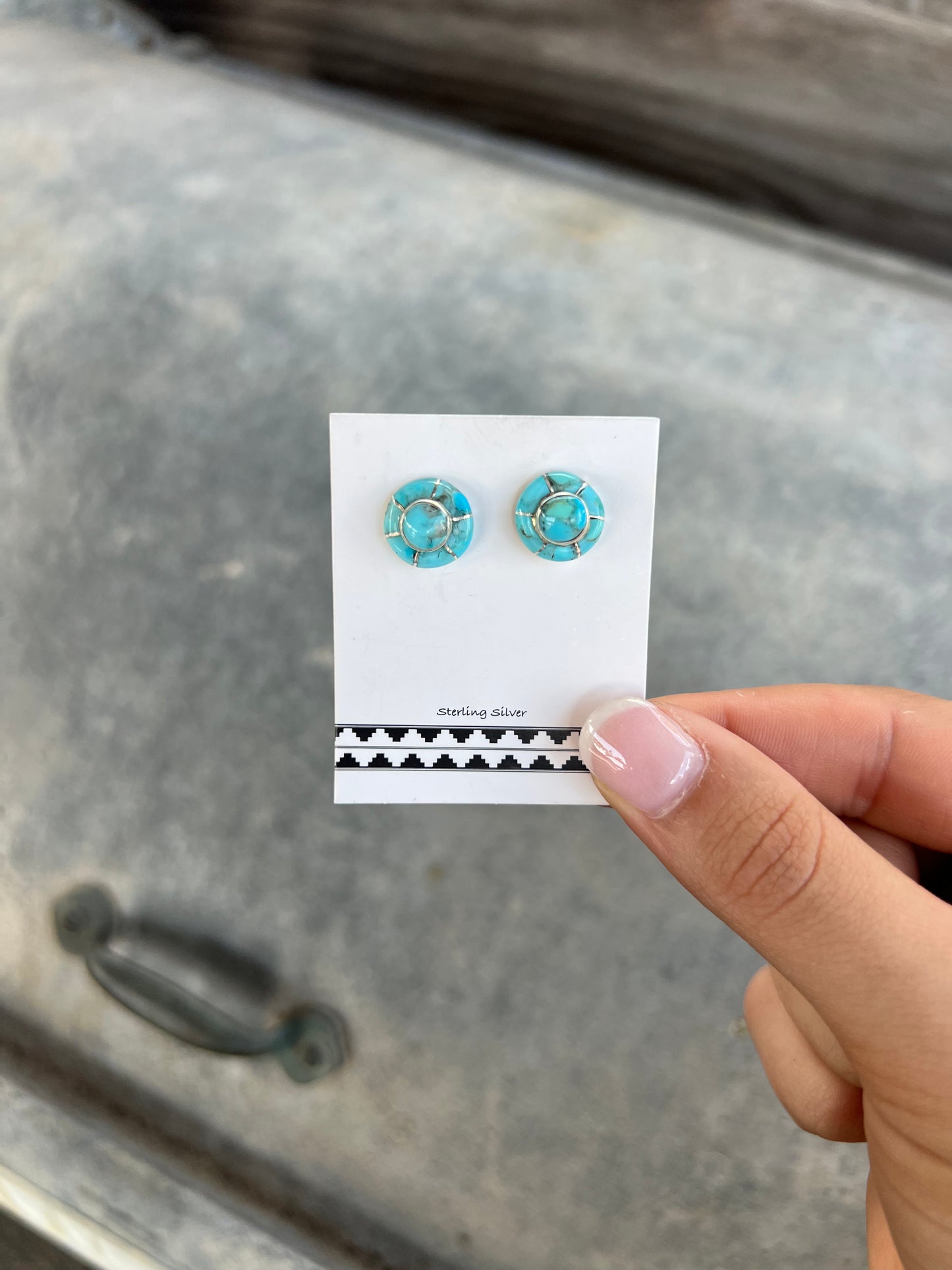 Genuine Sleeping Beauty Turquoise Inlay Sterling Silver Round Stud Earrings
