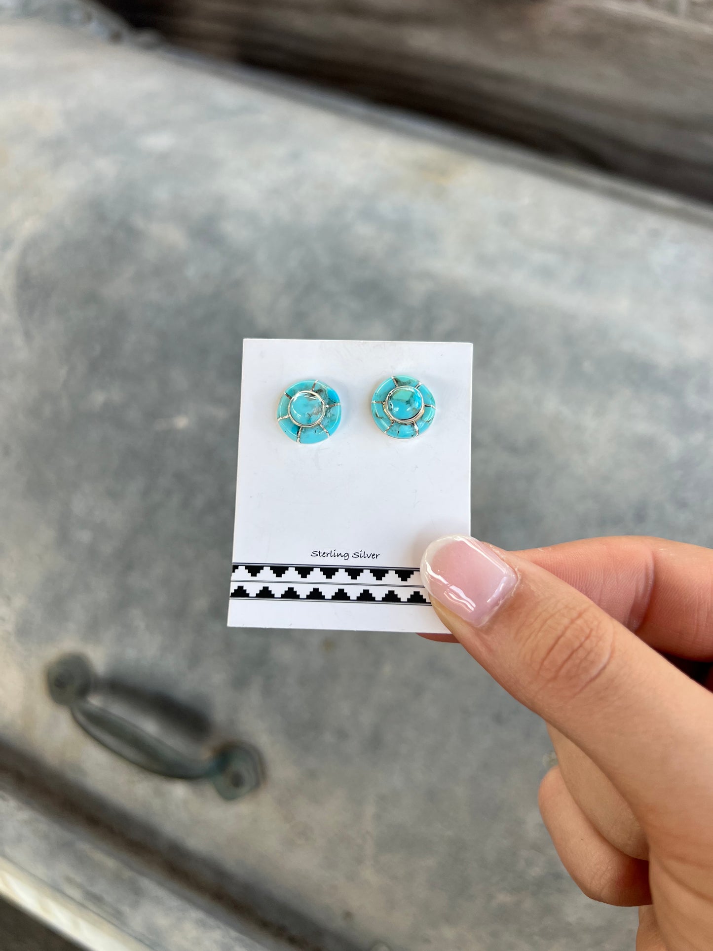 Genuine Sleeping Beauty Turquoise Inlay Sterling Silver Round Stud Earrings