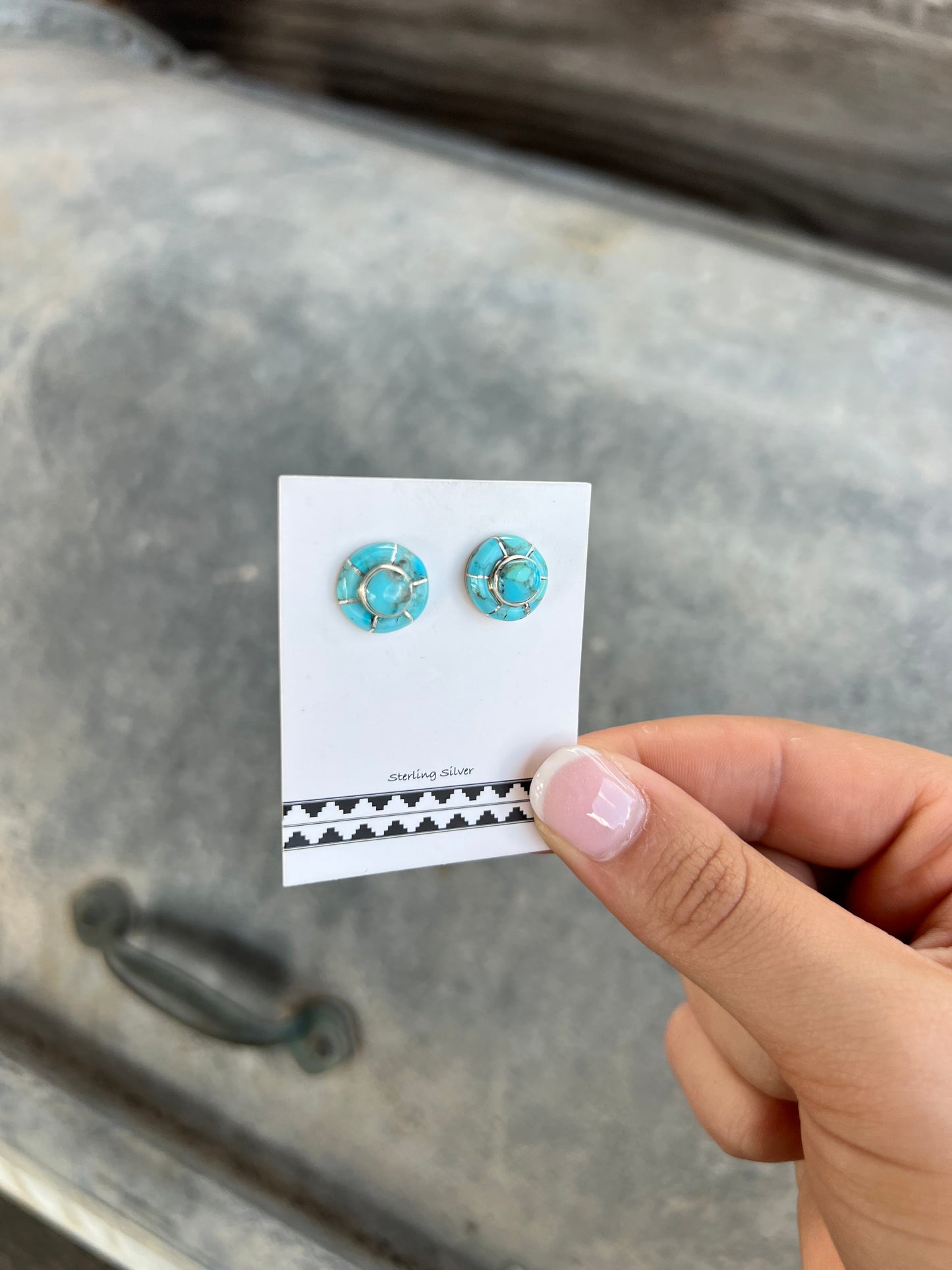 Genuine Sleeping Beauty Turquoise Inlay Sterling Silver Round Stud Earrings