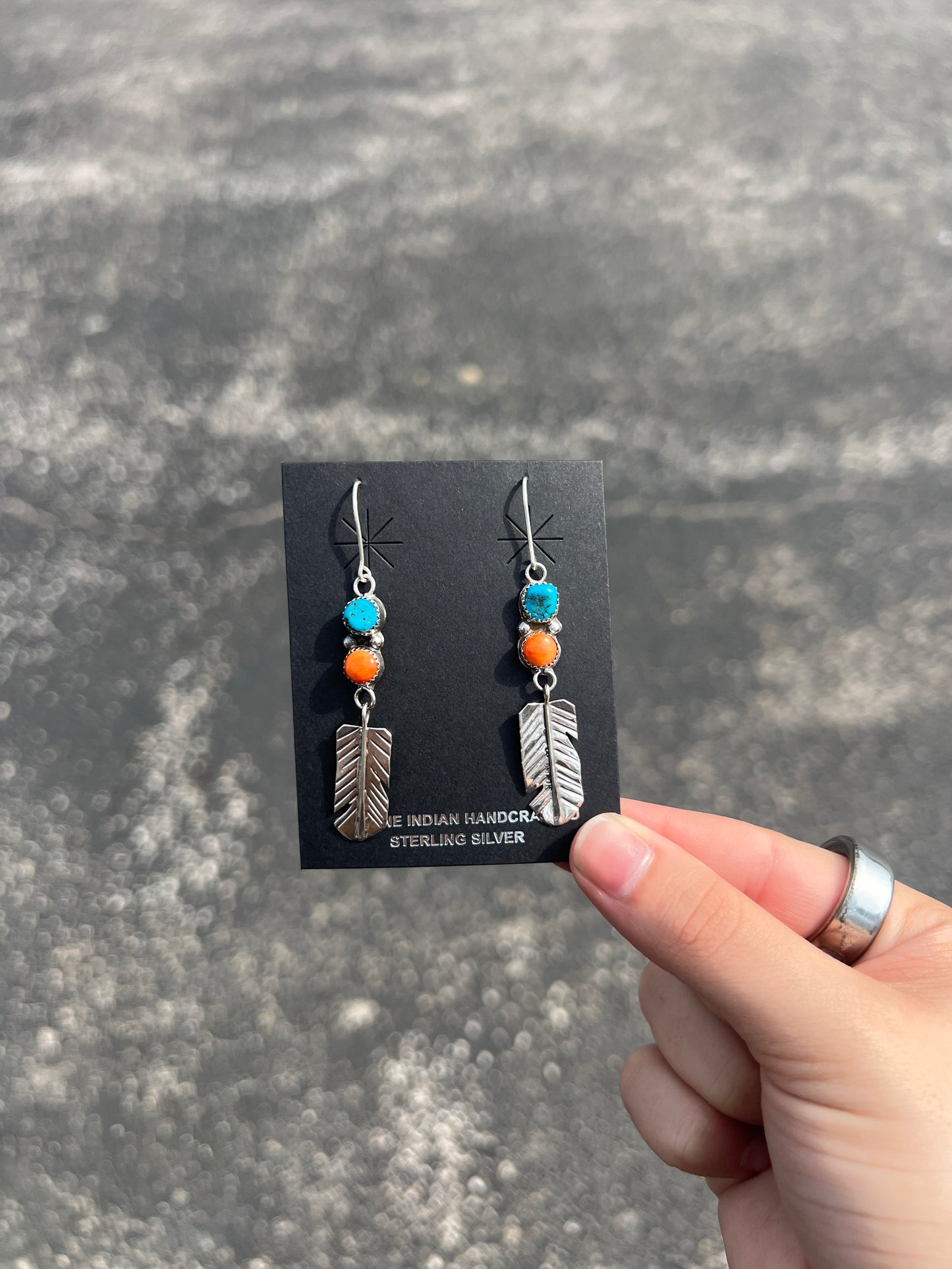 2 Stone Turquoise & Orange Spiny Oyster Feather Dangle Earrings