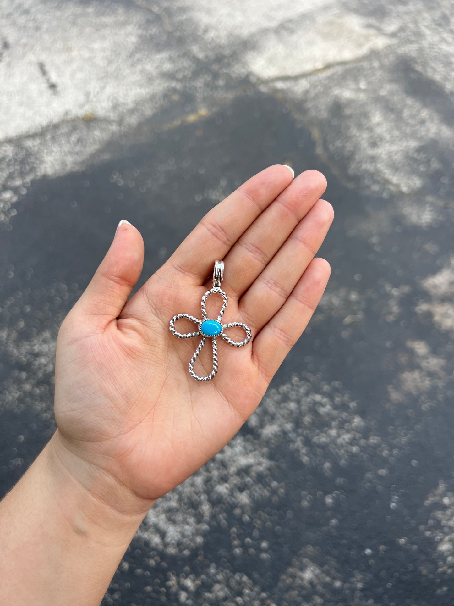 Genuine Turquoise Twisted Sterling Silver Cross Pendant
