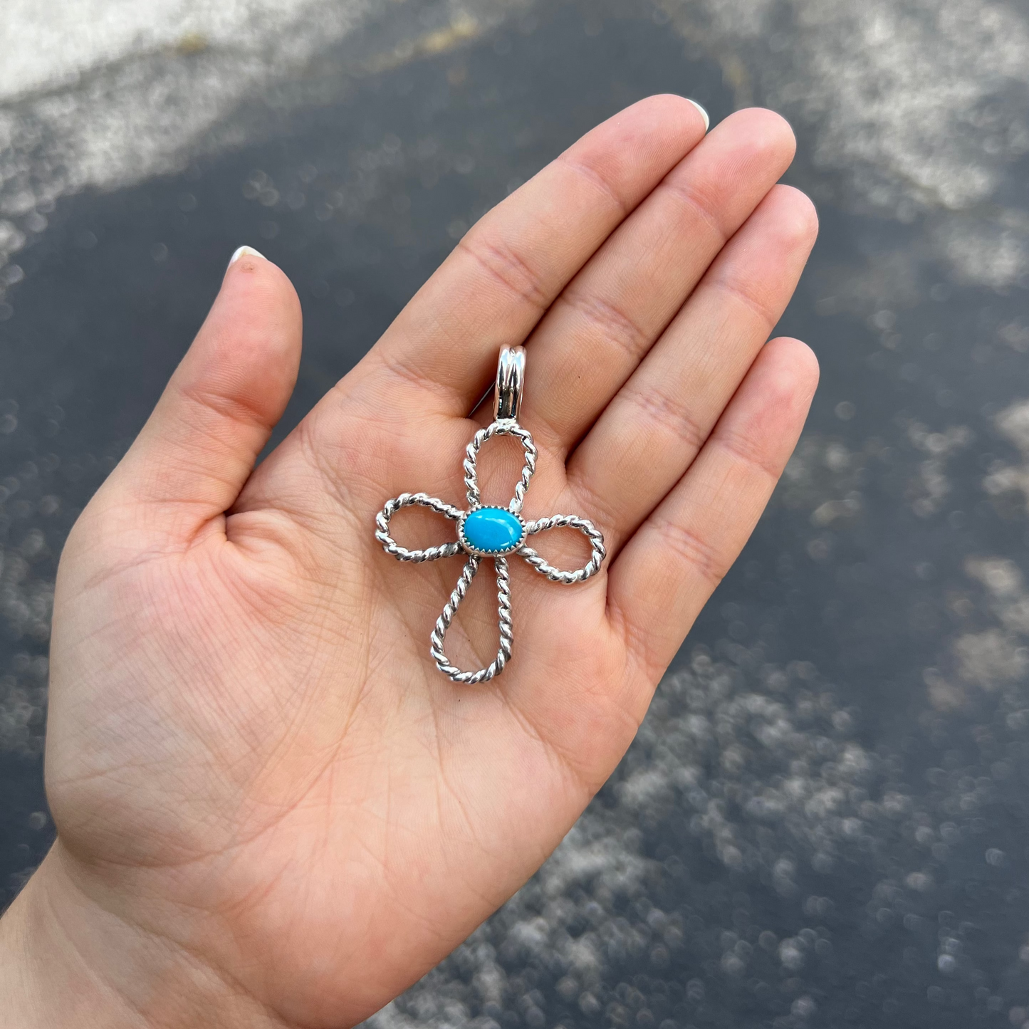Genuine Turquoise Twisted Sterling Silver Cross Pendant