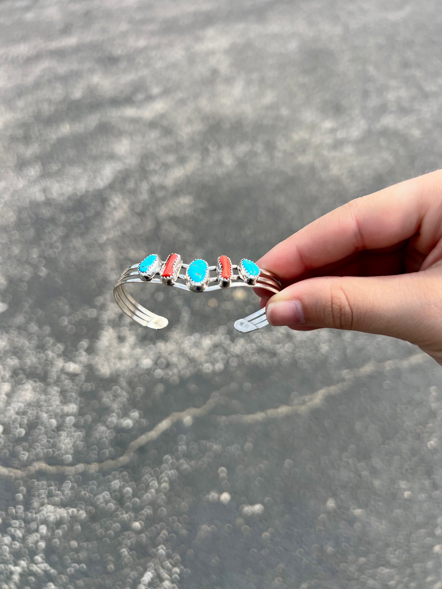Genuine Kingman Turquoise and Coral Sterling Silver Sweater Bracelet