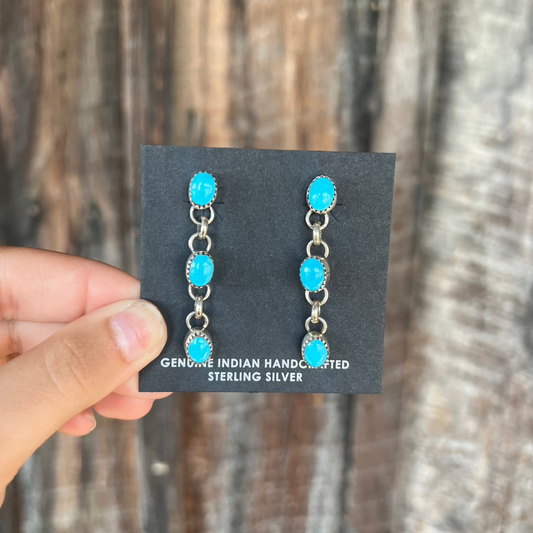 Genuine Turquoise 3 Stone Sleeping Beauty Sterling Silver Dangle Link Earrings