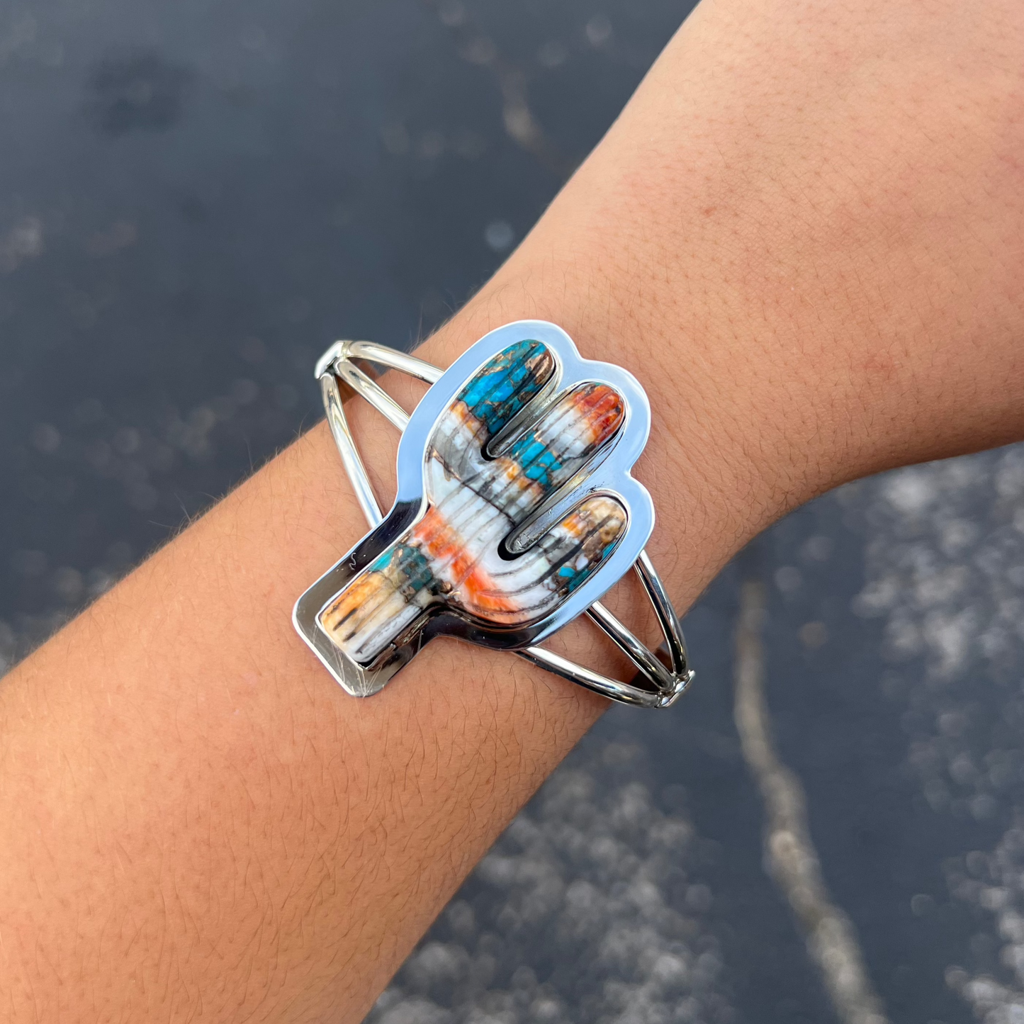 Genuine Turquoise Orange Spiny Oyster Cactus Cuff Bracelet