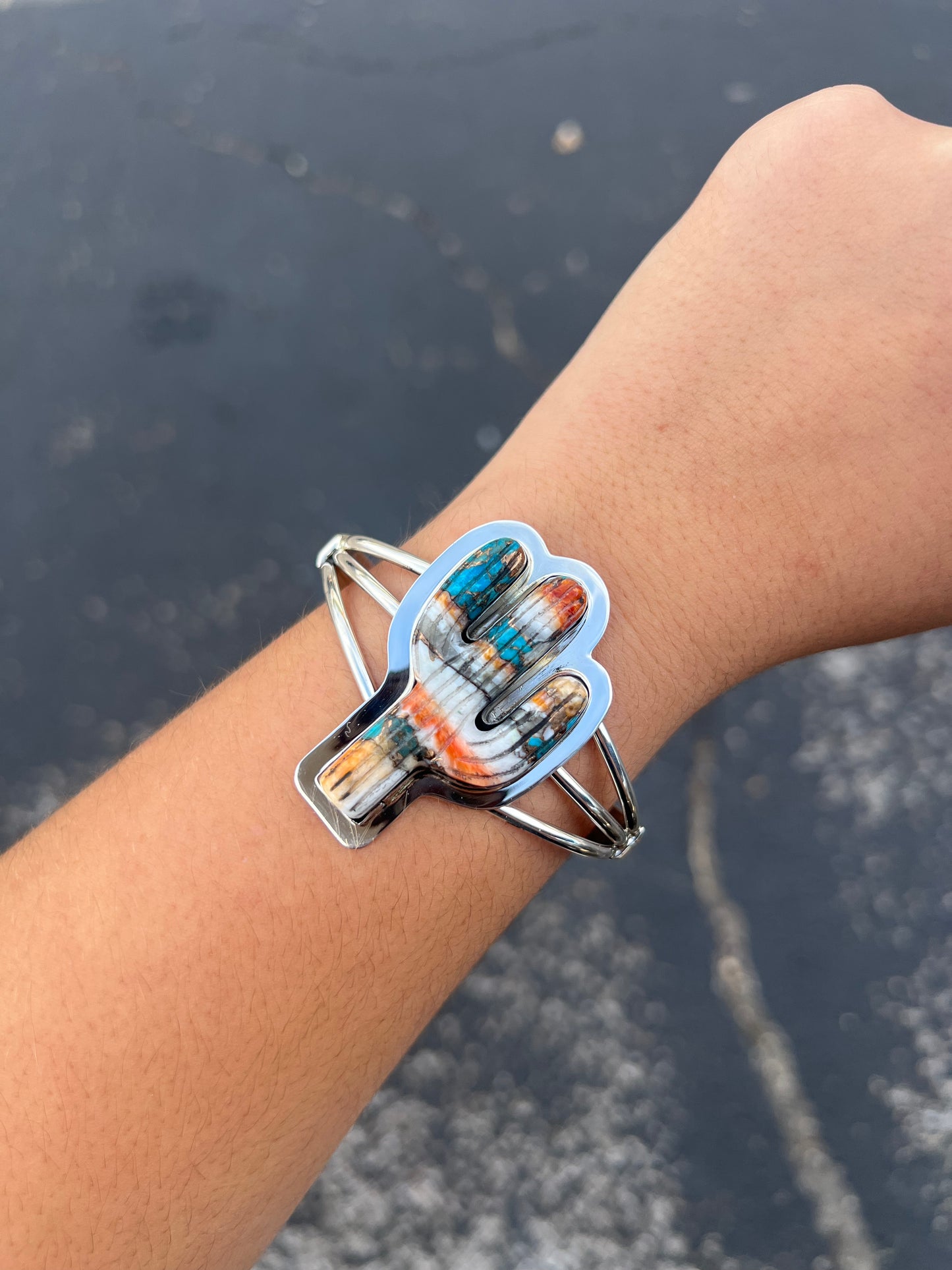 Genuine Turquoise Orange Spiny Oyster Cactus Cuff Bracelet