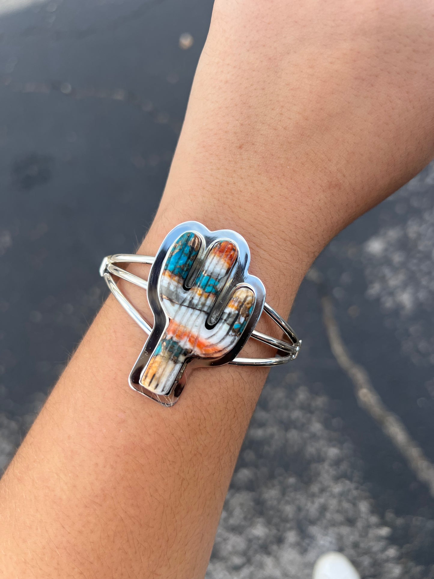 Genuine Turquoise Orange Spiny Oyster Cactus Cuff Bracelet