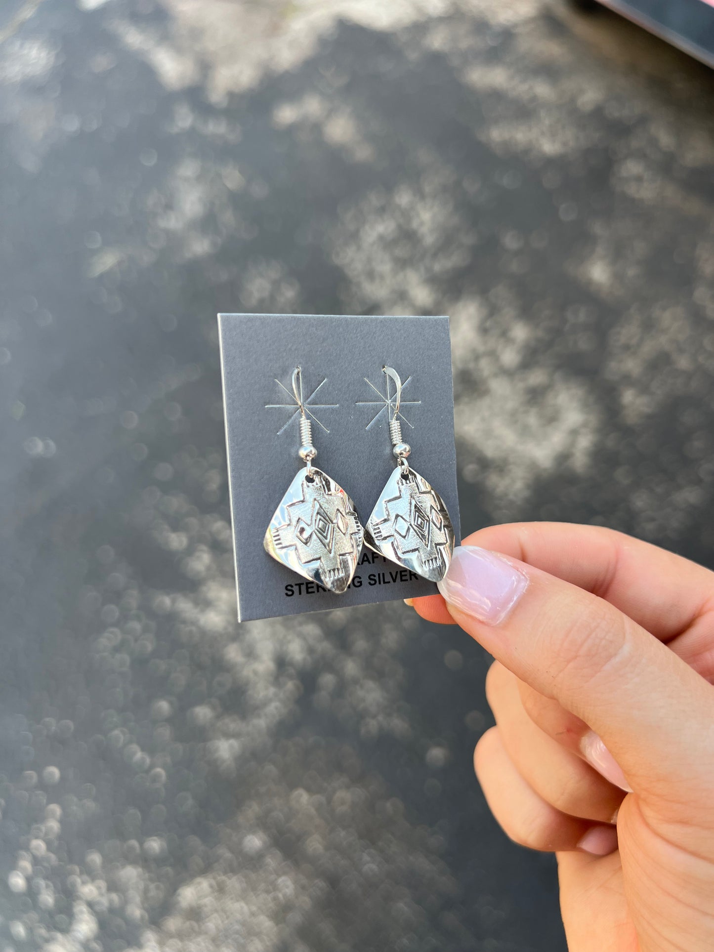 Sterling Silver Stamped Diamond Shape Dangle Earrings