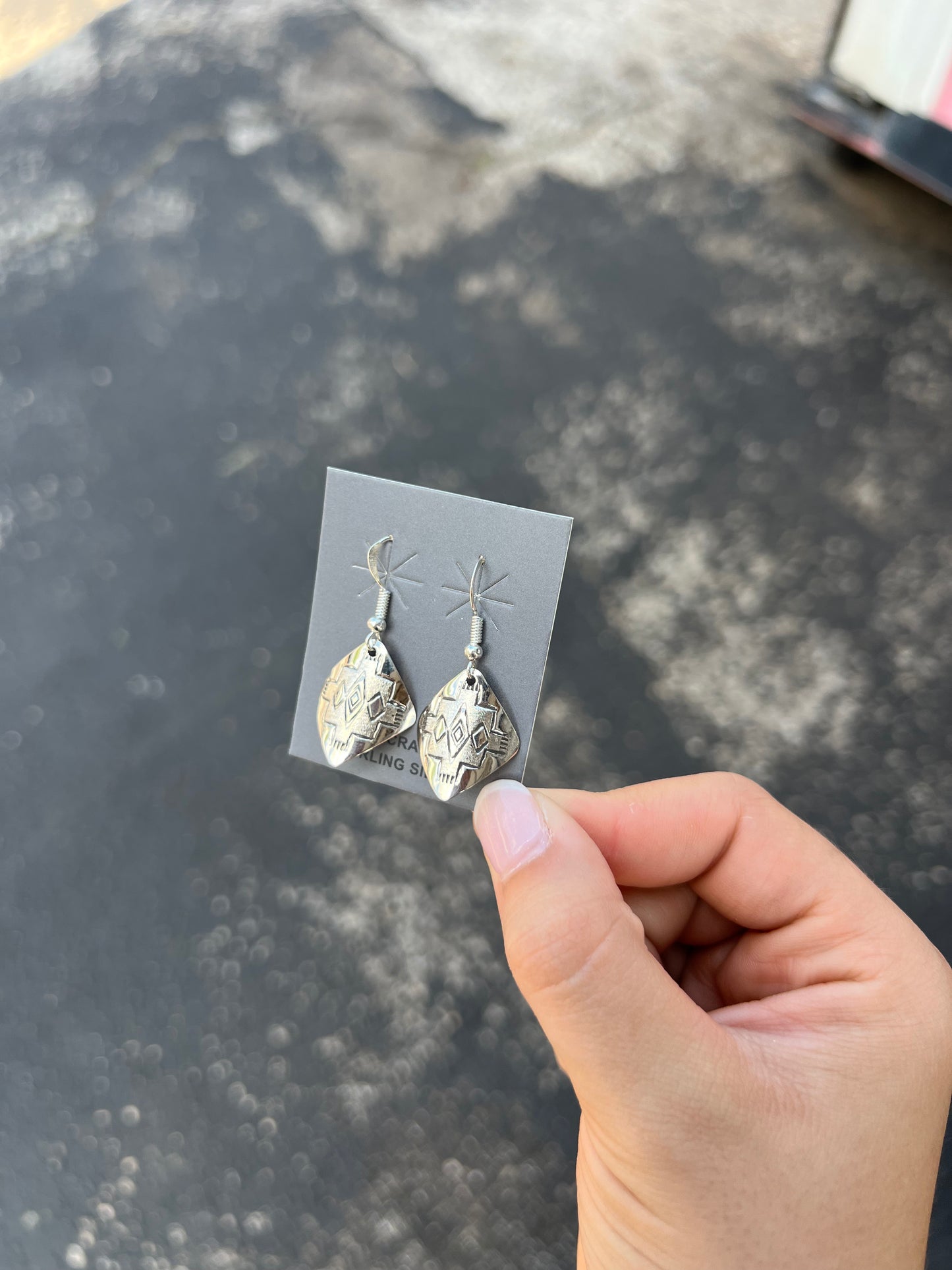 Sterling Silver Stamped Diamond Shape Dangle Earrings