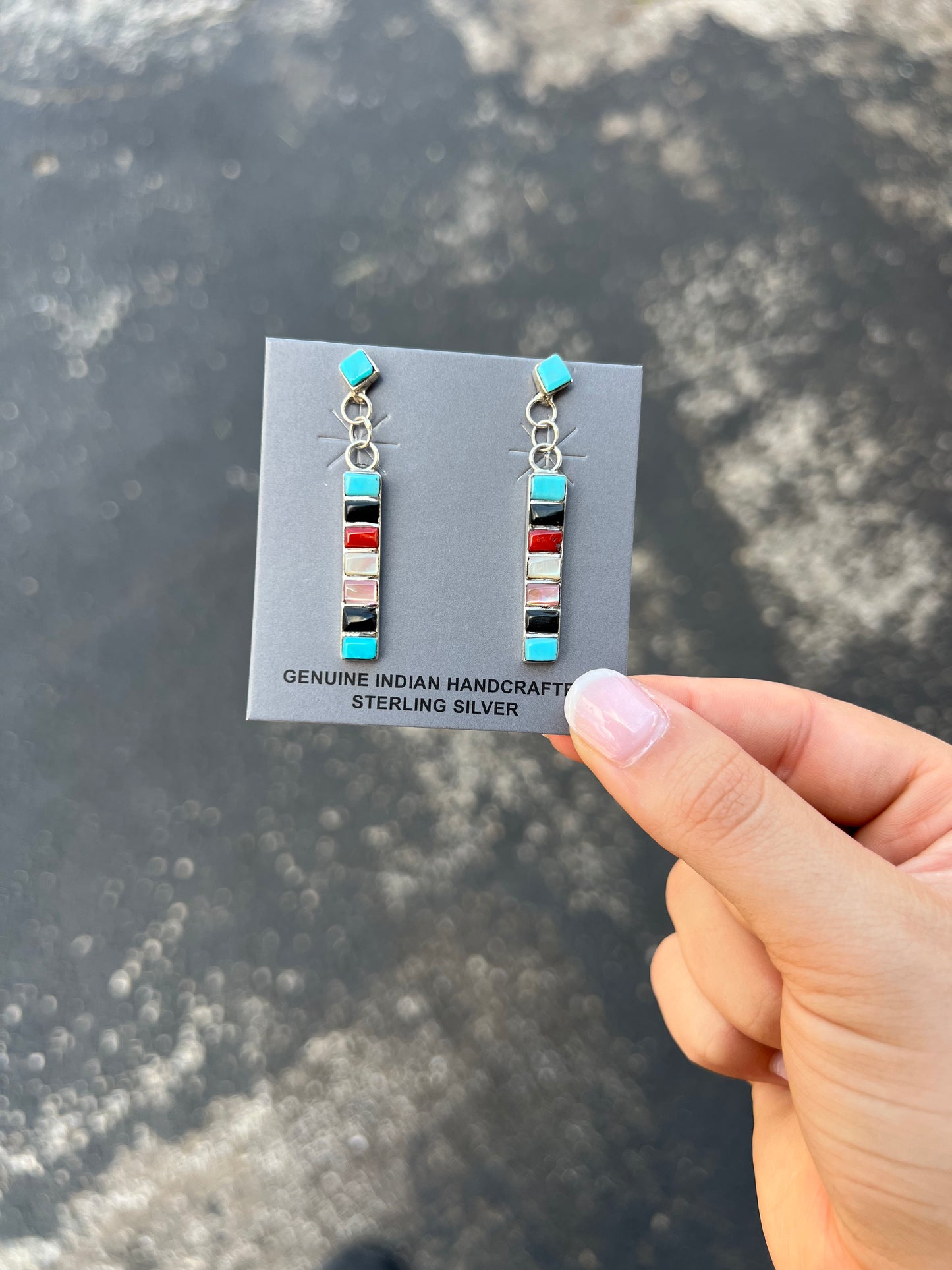 8 Multi Stone Inlay Dangle Sterling Silver Earrings