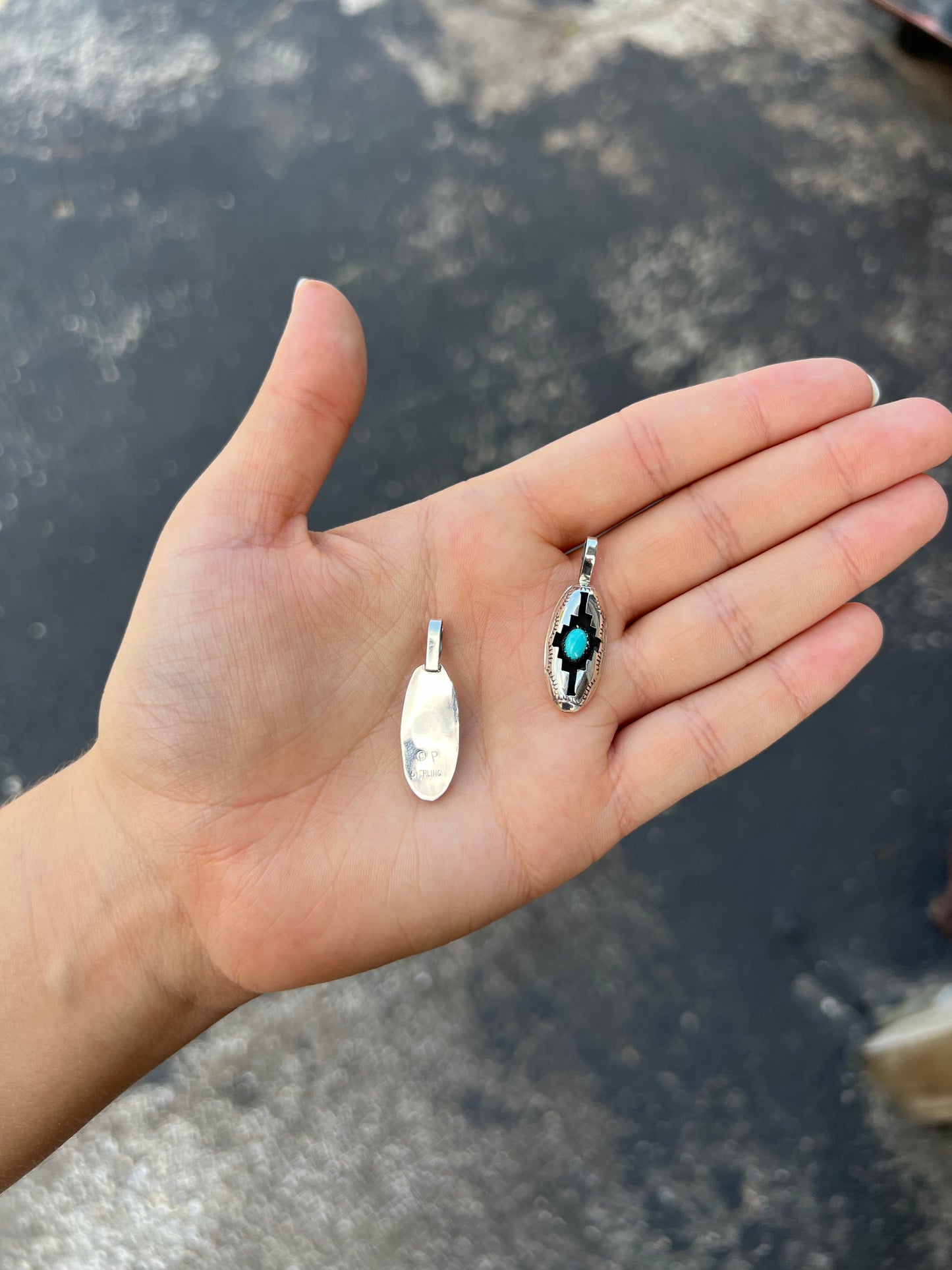 The Wynonna Genuine Turquoise Oval Aztec Shadowbox Sterling Silver Pendant